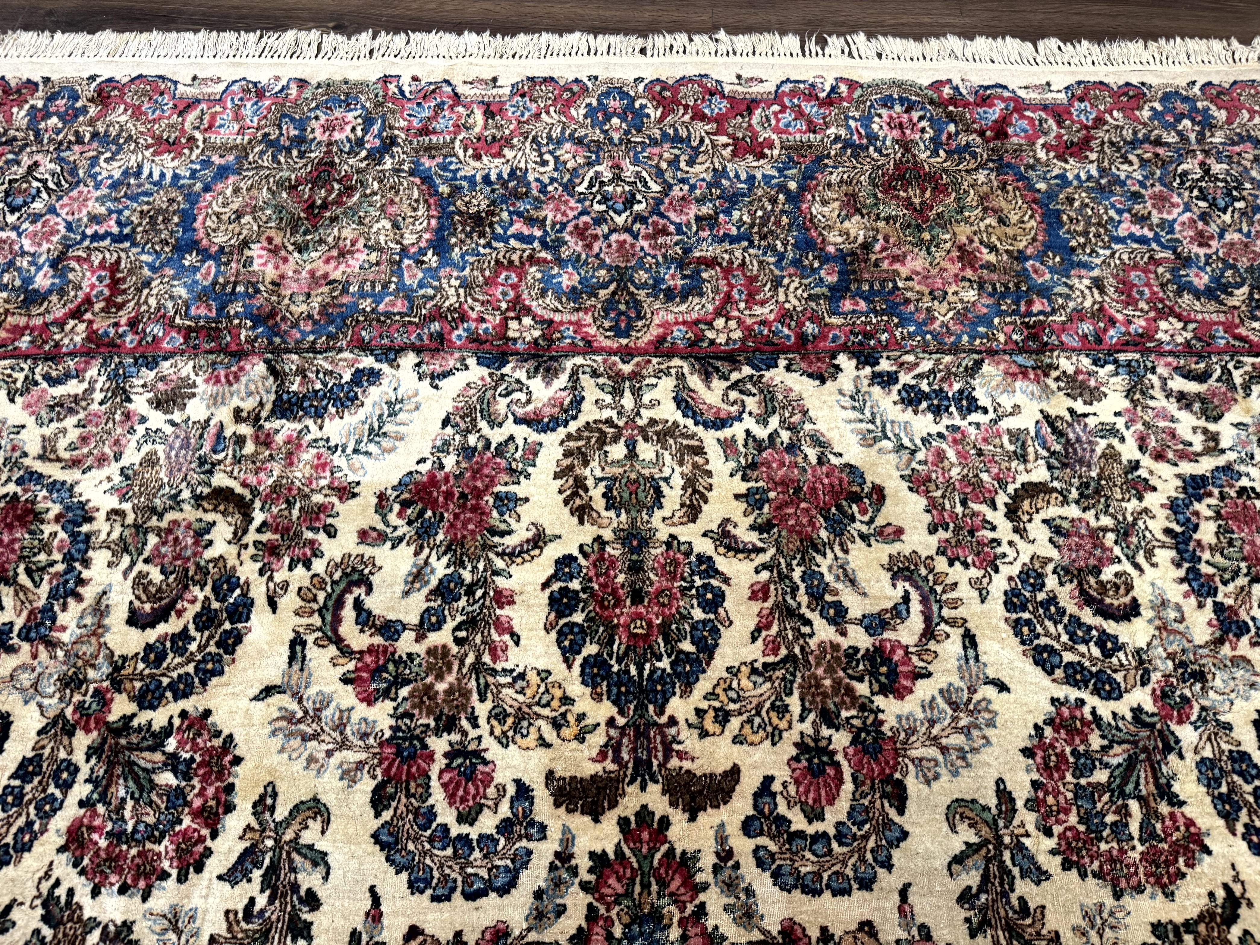 Palace Size Persian Kerman Rug 11x18, Ivory Blue Pink, Floral, Wool, Antique, 200 KPSI - Jewel Rugs