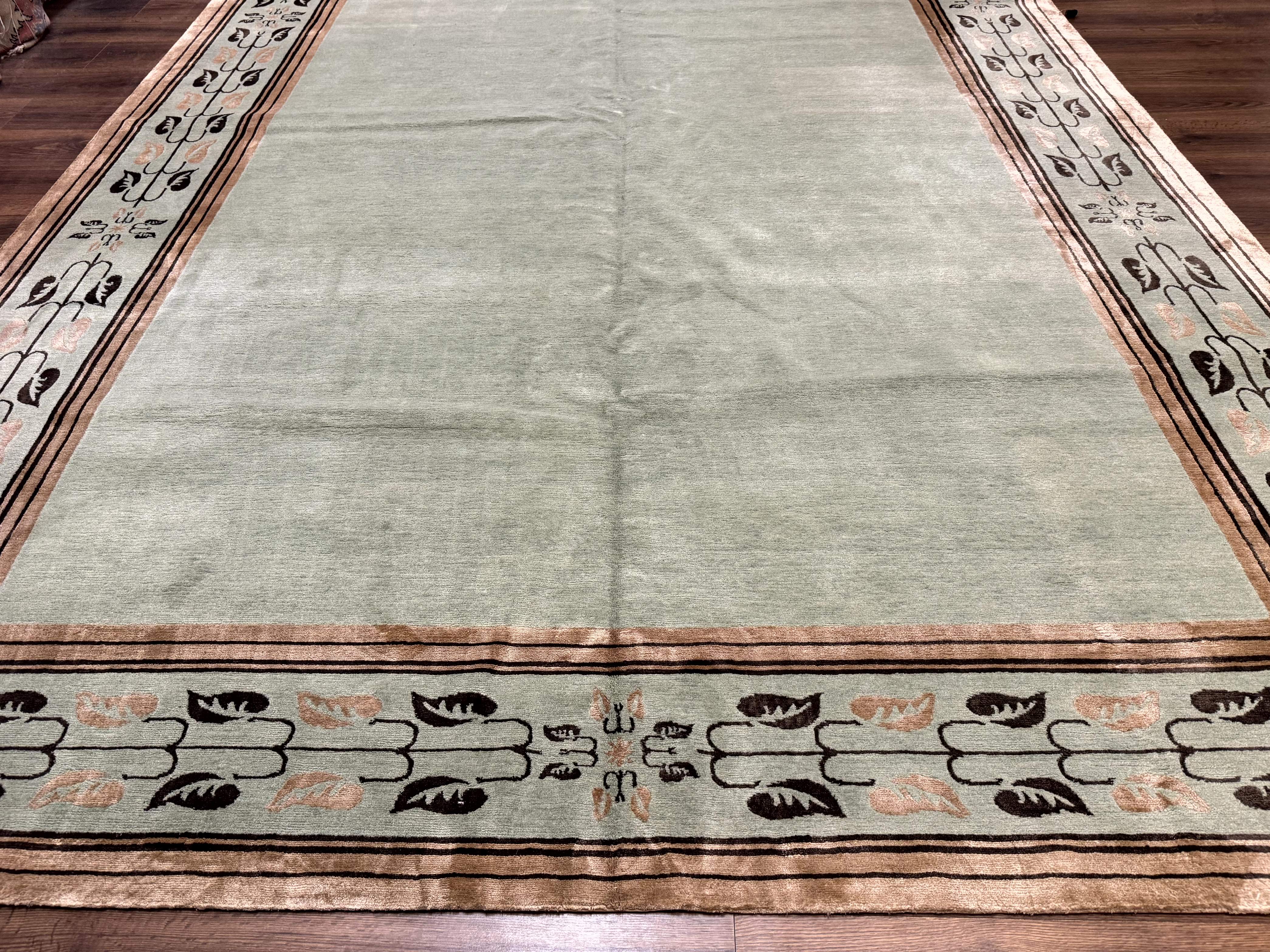Palace Size Nepali Rug 9x18, Open Field, Light Mint Green, Wool Hand Knotted, Modern Contemporary - Jewel Rugs