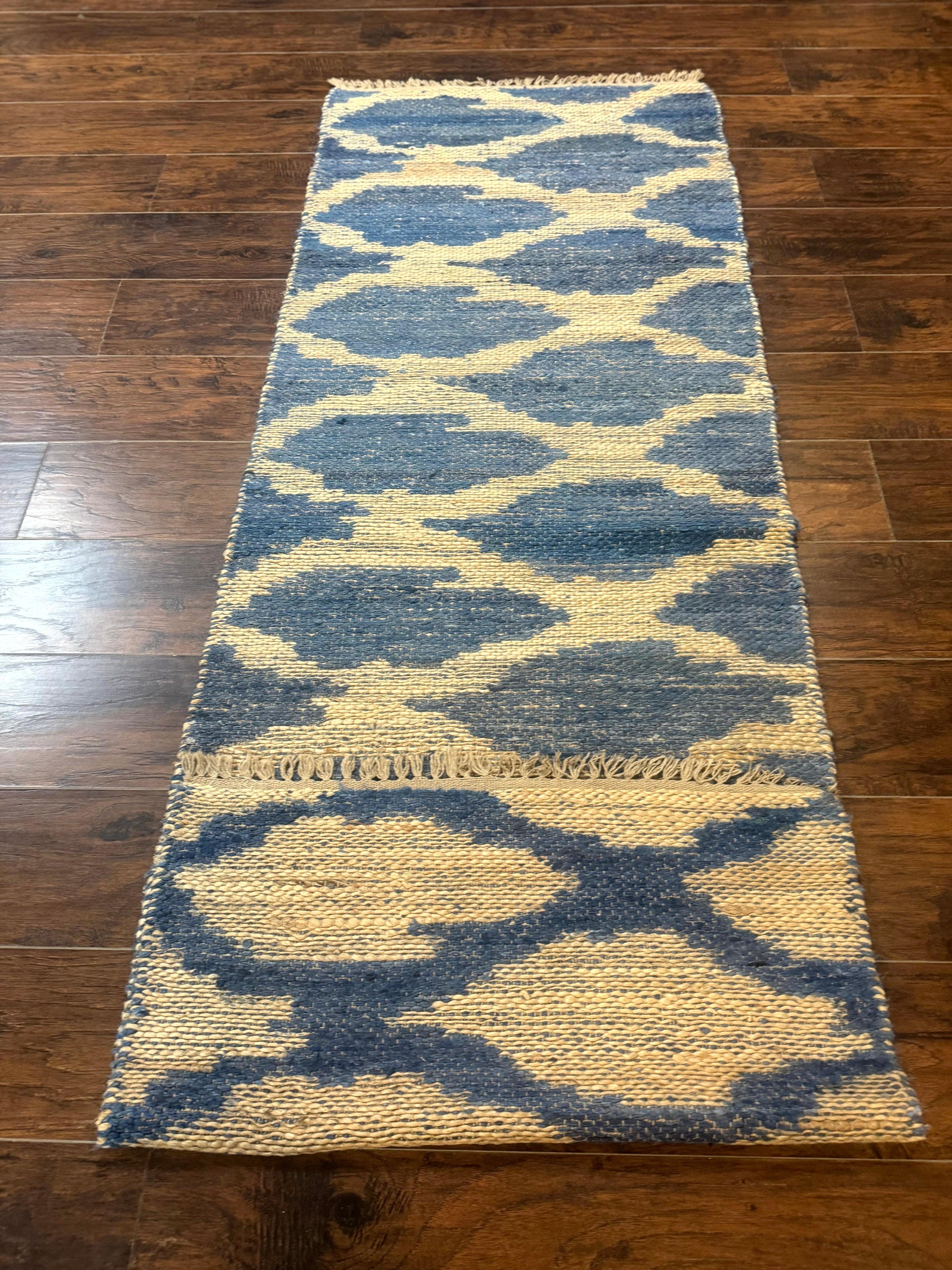 Modern Jute Runner Rug 2.9 x 7.9, Beige and Blue, Handwoven, Kaleen Rug - Jewel Rugs
