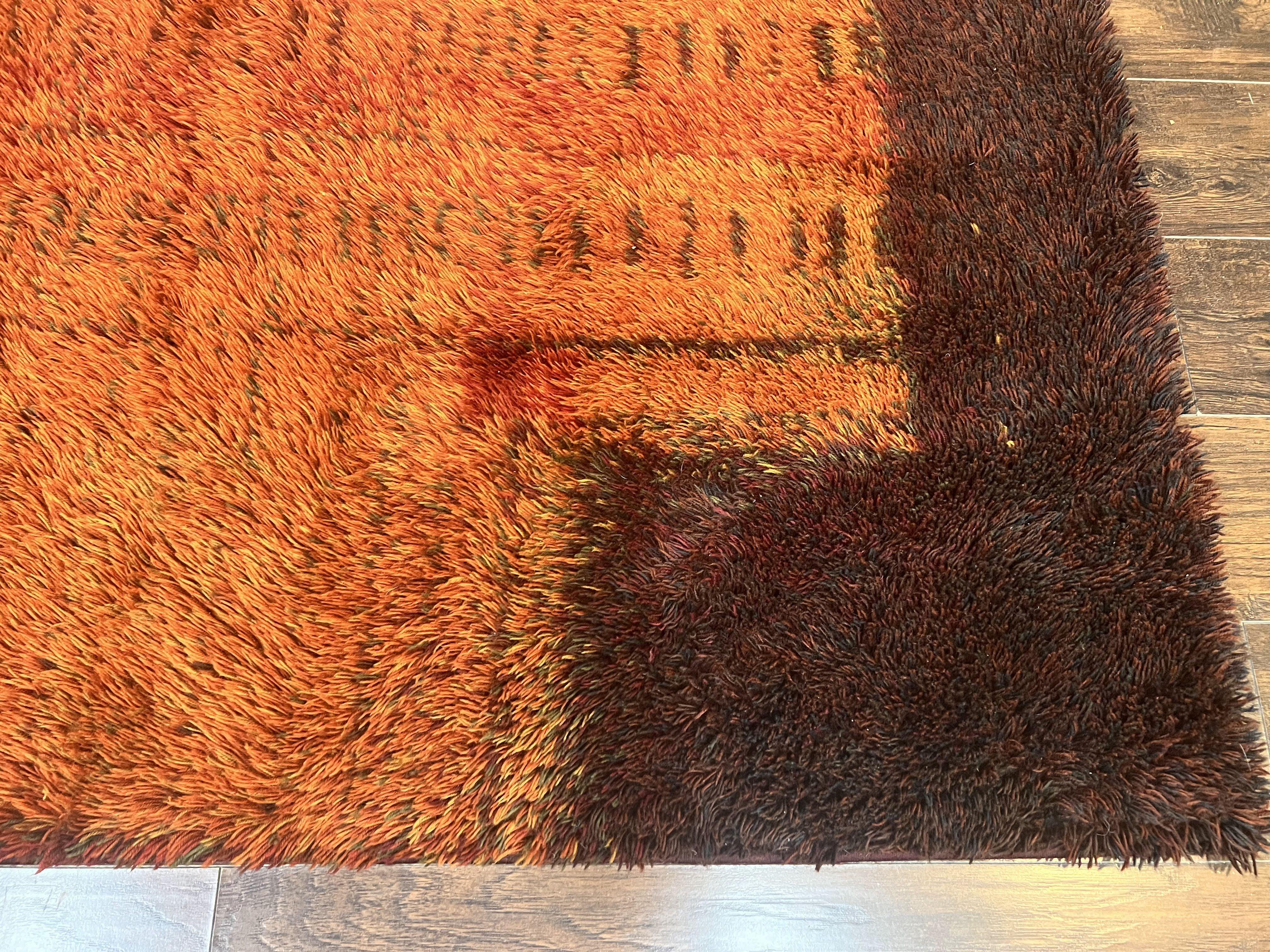 Rya Shag Rug 6x9, Finnish Rya Carpet, Mid Century Vintage Rug, Modern Abstract Design, Orange Brown, Wool Pile - Jewel Rugs