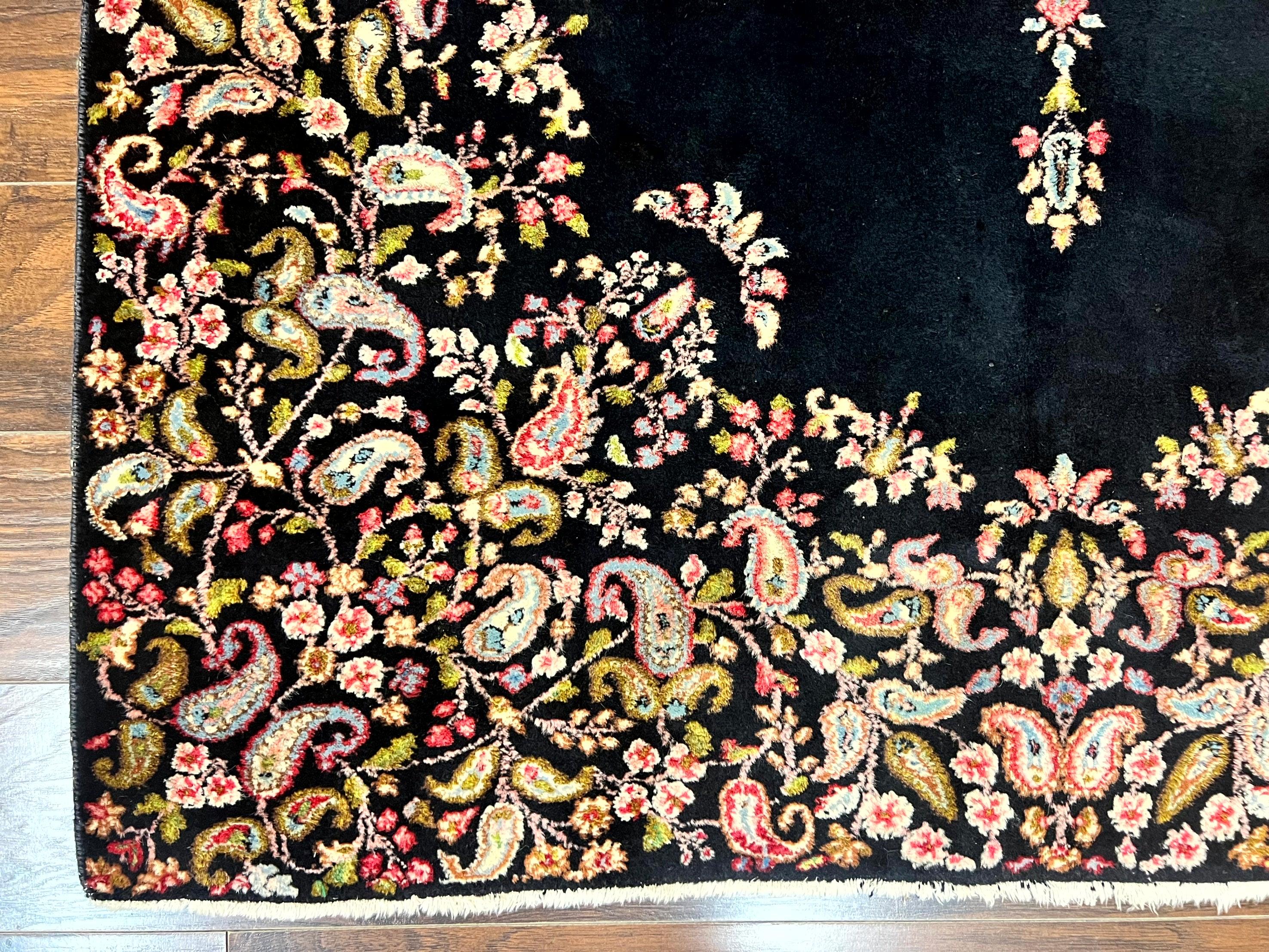 Antique Persian Kirman Rug 5x8, Floral Kirman, Midnight Blue/Black, Semi Open Field, Handmade Vintage Wool Carpet - Jewel Rugs