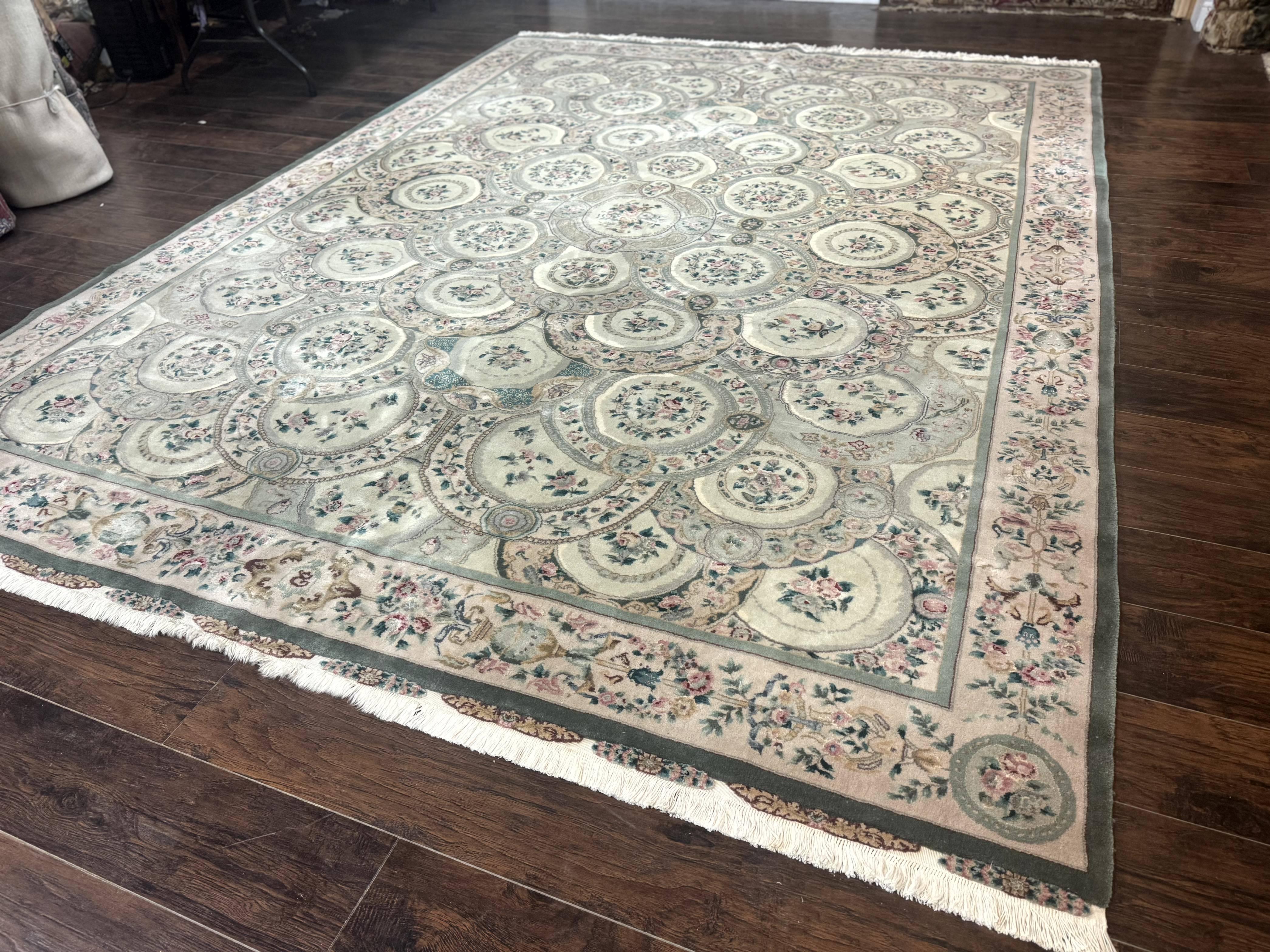 Pak Persian Rug 9x12, Wool with Silk Highlights, European Design, Floral, Green - Jewel Rugs