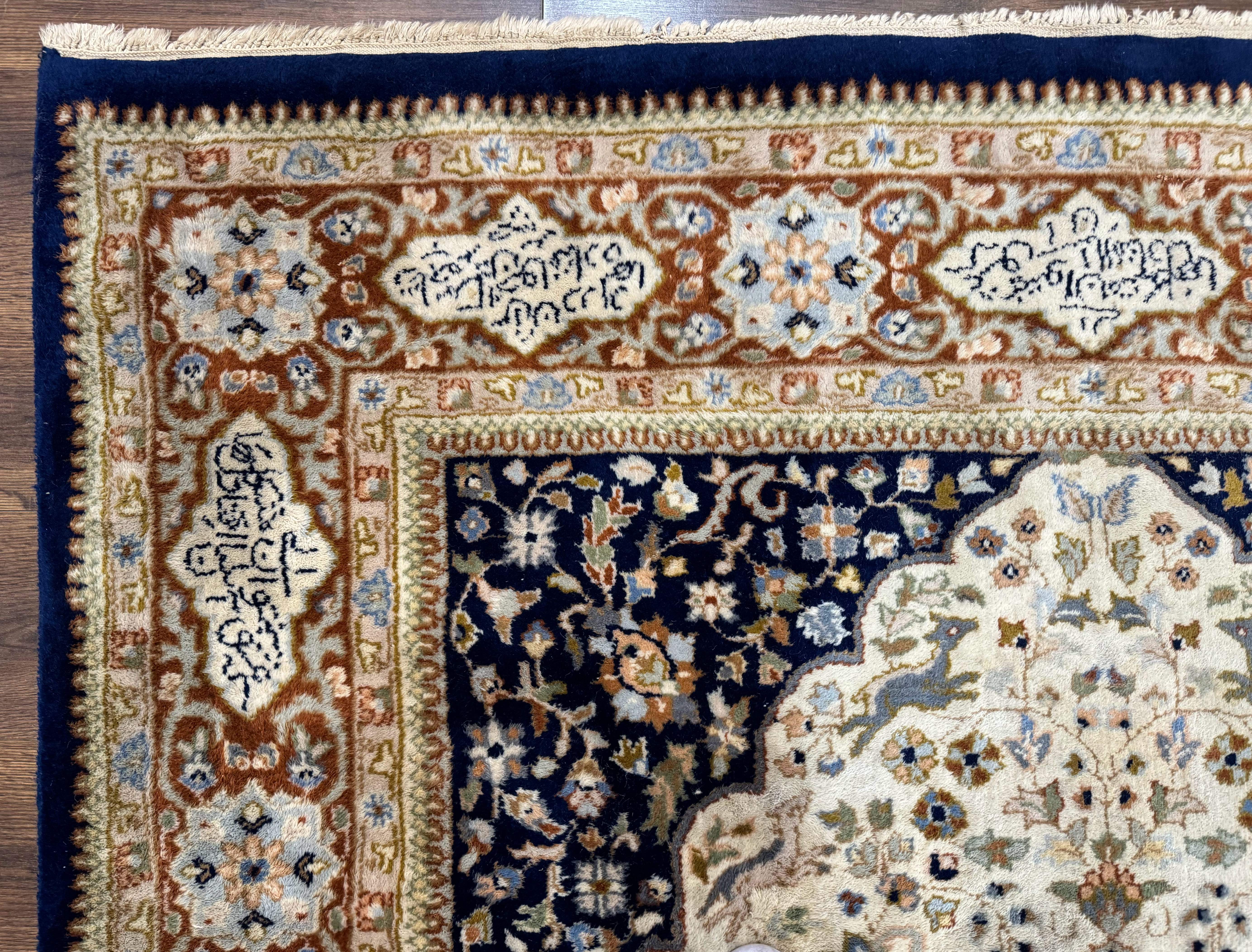 Indo Persian Rug 6x9 – Ivory and Navy, Hunting Design, Wool, Vintage, Poetry in Borders - Jewel Rugs