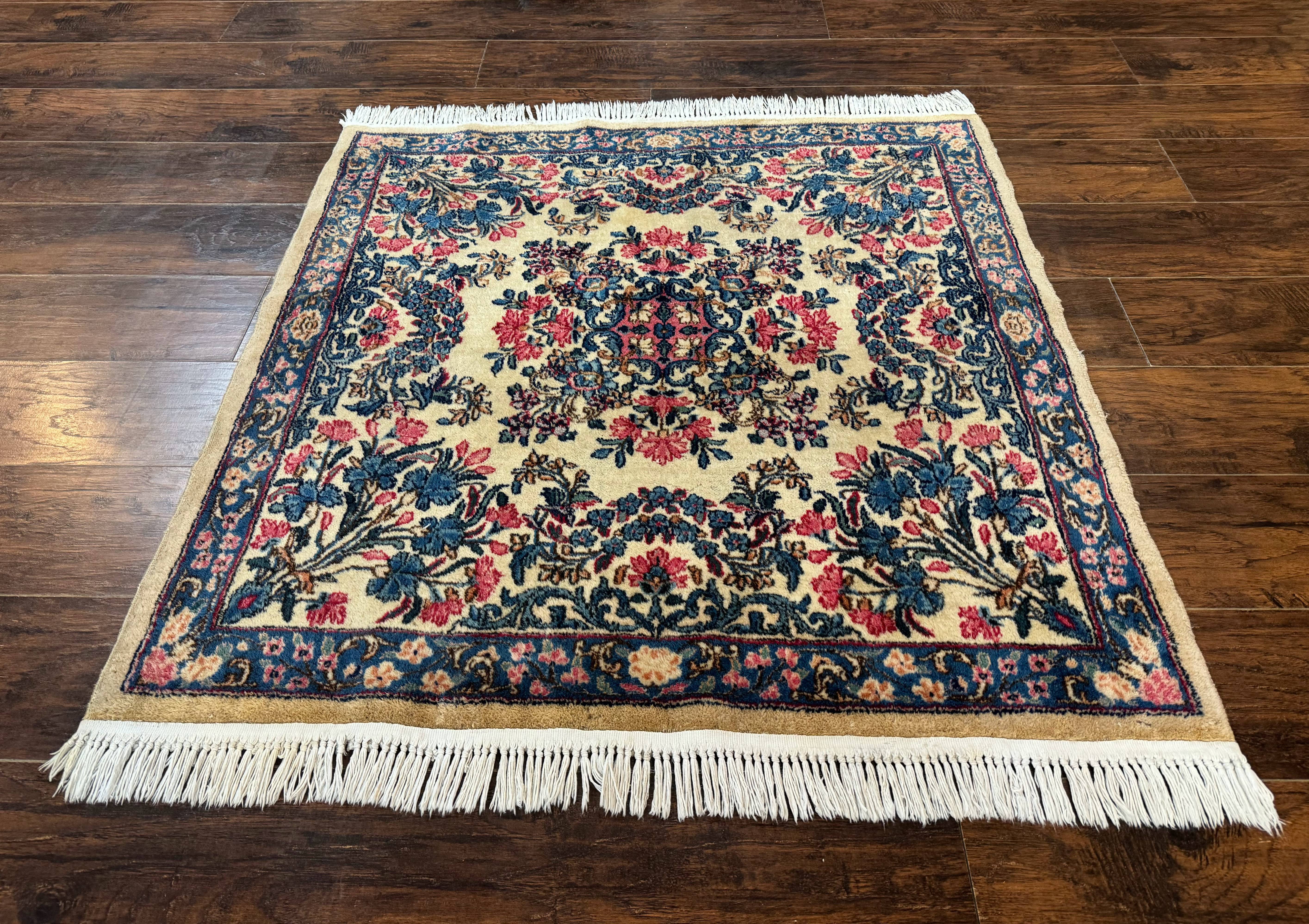Square Persian Kerman Rug 4x4, Ivory Blue Pink, Handmade, Fine 225 KPSI - Jewel Rugs