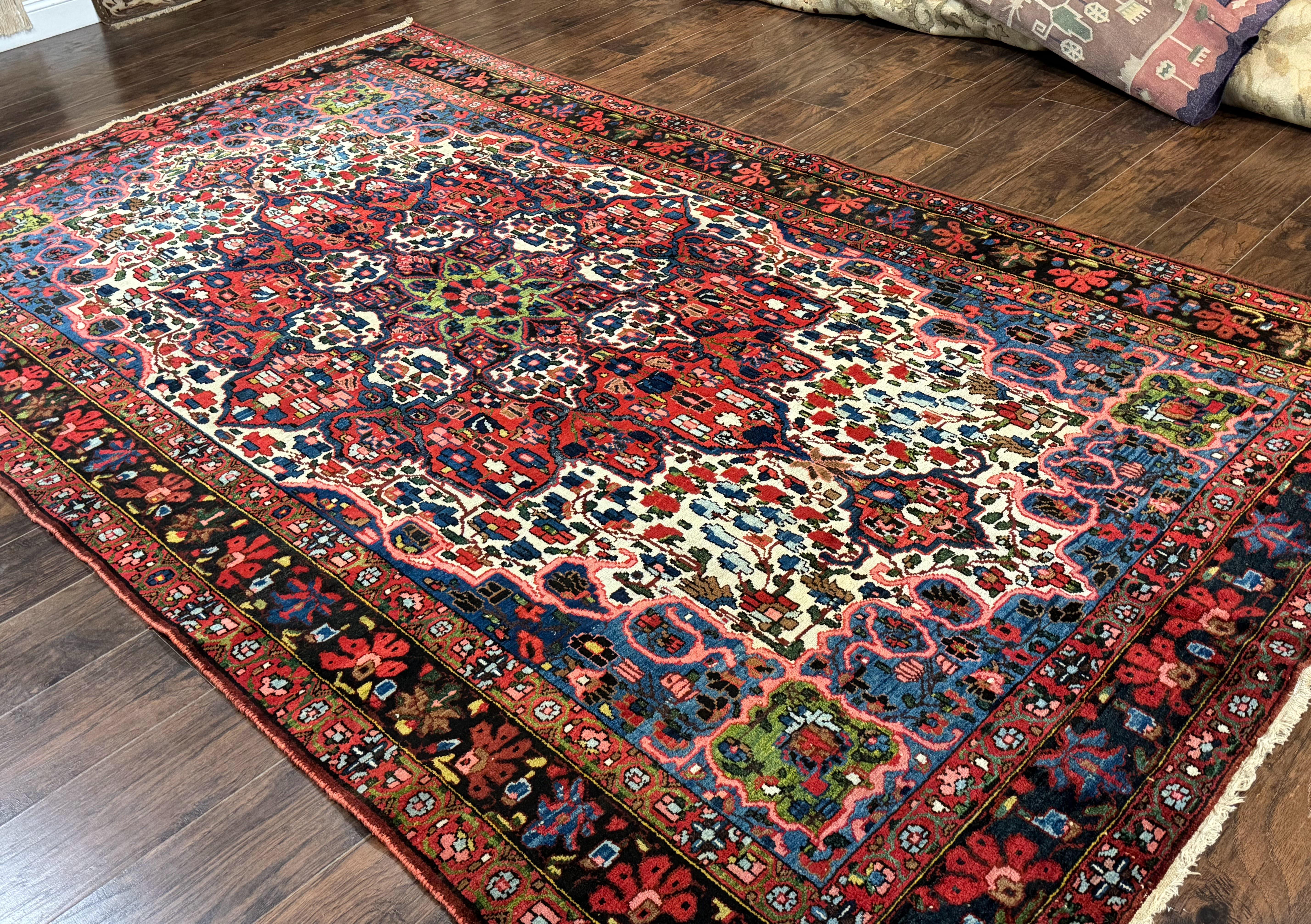 Persian Bakhtiari Rug 7x10, Antique Persian Carpet, Colorful, Great Colors, Ivory Red Blue, Rare Tribal Rug - Jewel Rugs