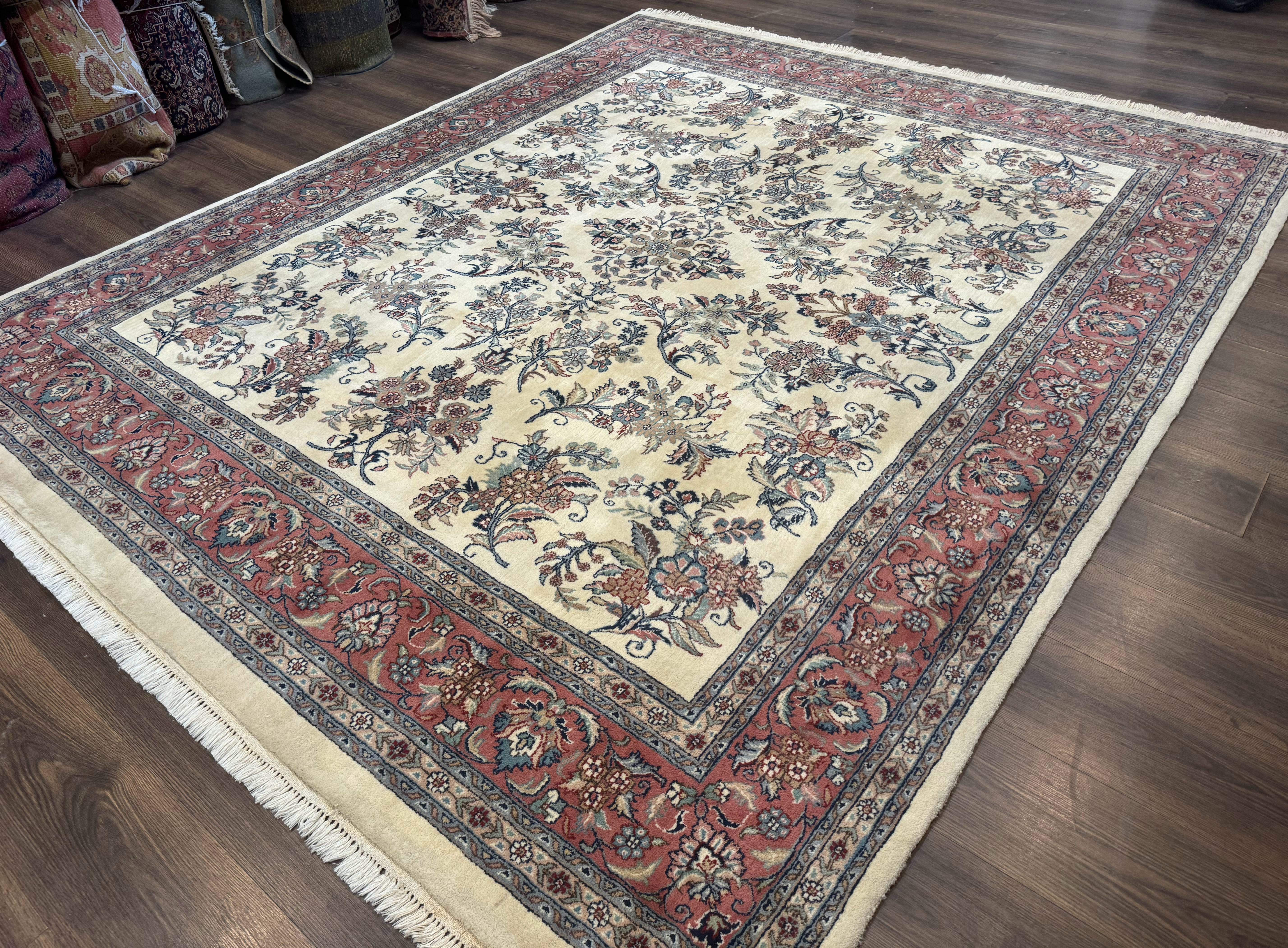 Indo Persian Sarouk Rug 8x10, Ivory and Pink, Floral - Jewel Rugs