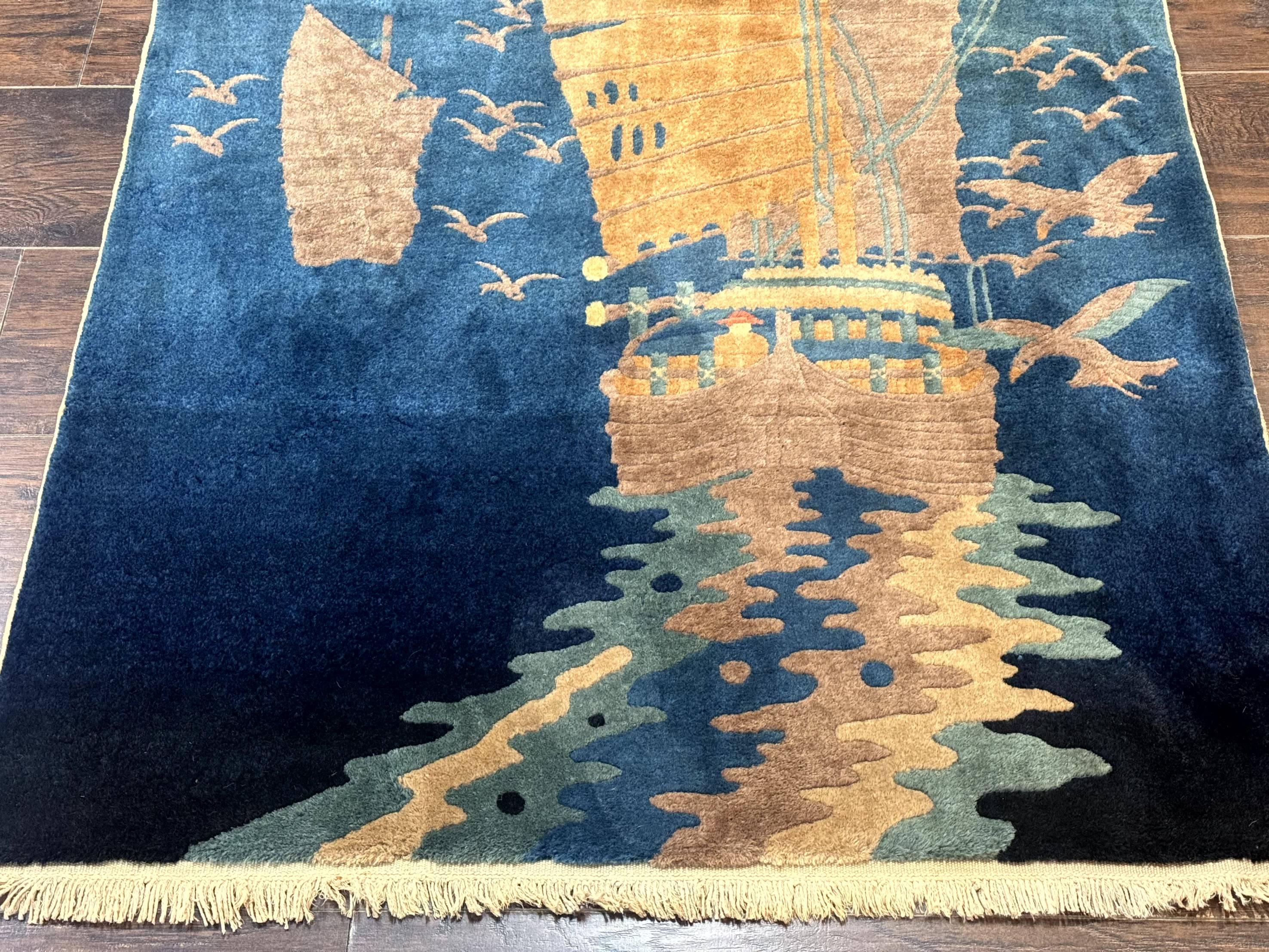 Chinese Art Deco Rug 3x5, Blue, Sailboat and Birds, Seagulls, Ocean, Vintage, Handmade, Chinese Wool Rug, Peking Rug - Jewel Rugs