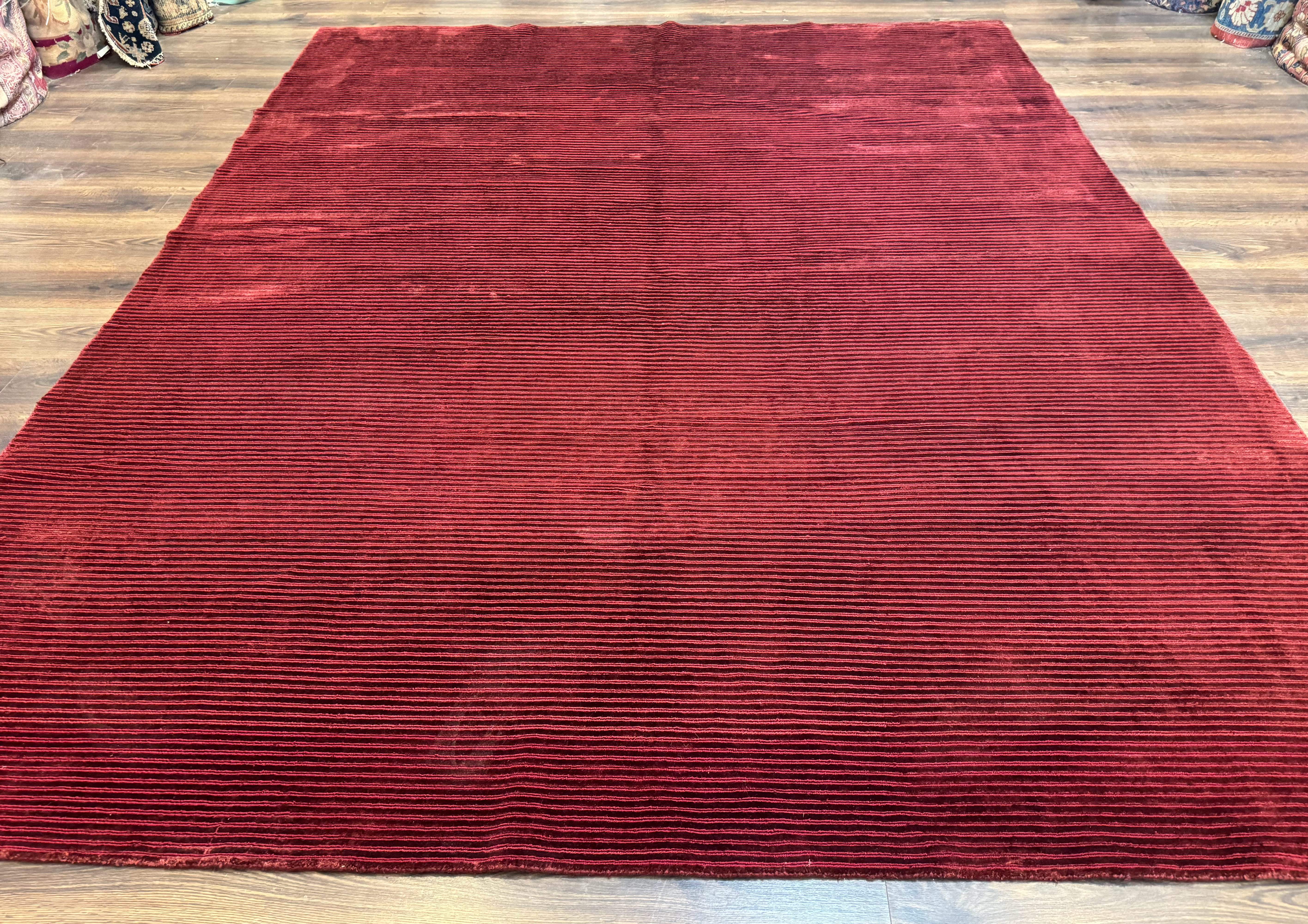 Modern Tibetan Rug 8x10, Red, Stripes, Handmade Wool Thick Pile Carpet - Jewel Rugs