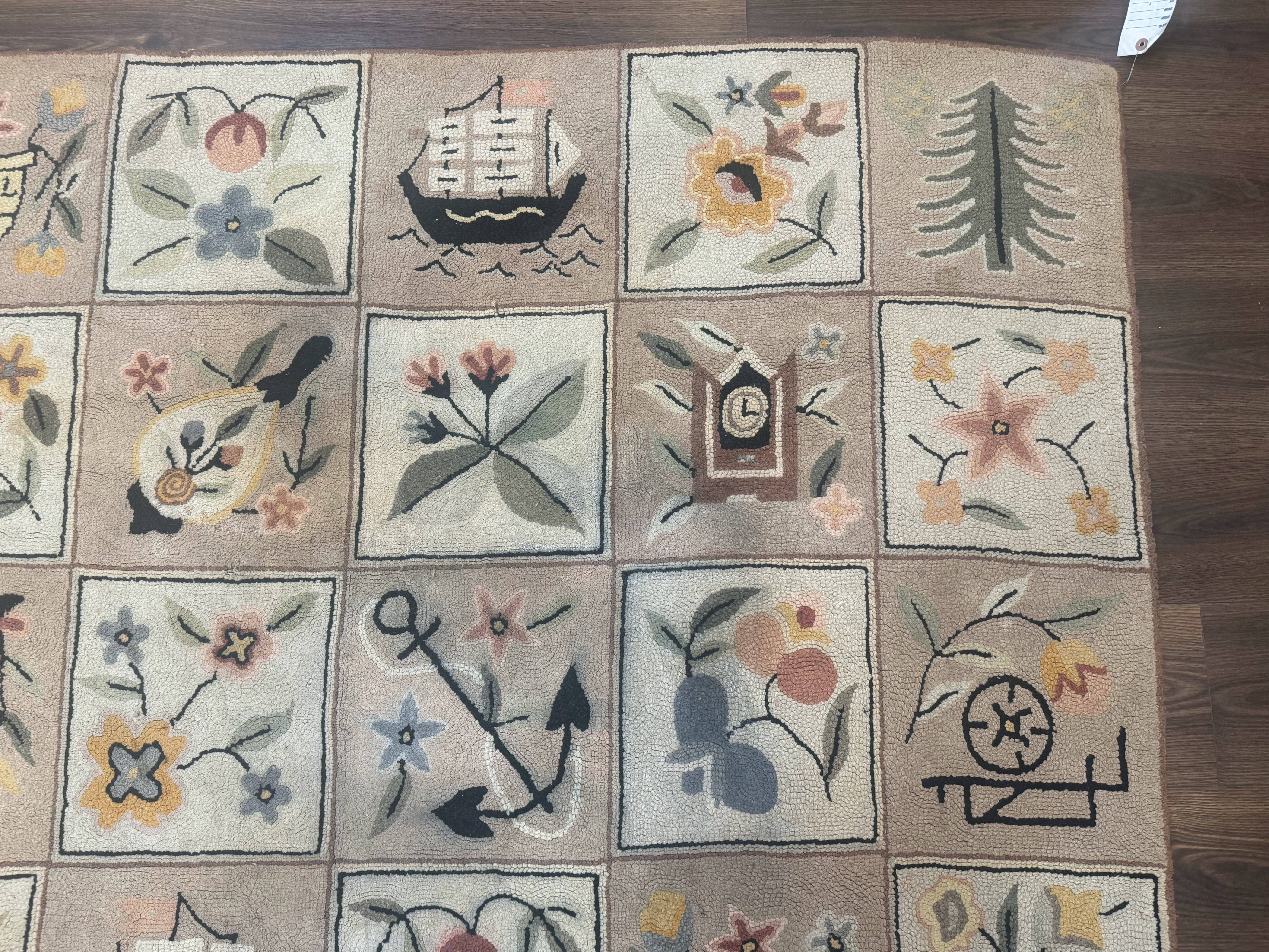 American Hooked Rug 6x9, Panel Design, Vintage, Ivory & Soft Pink - Jewel Rugs