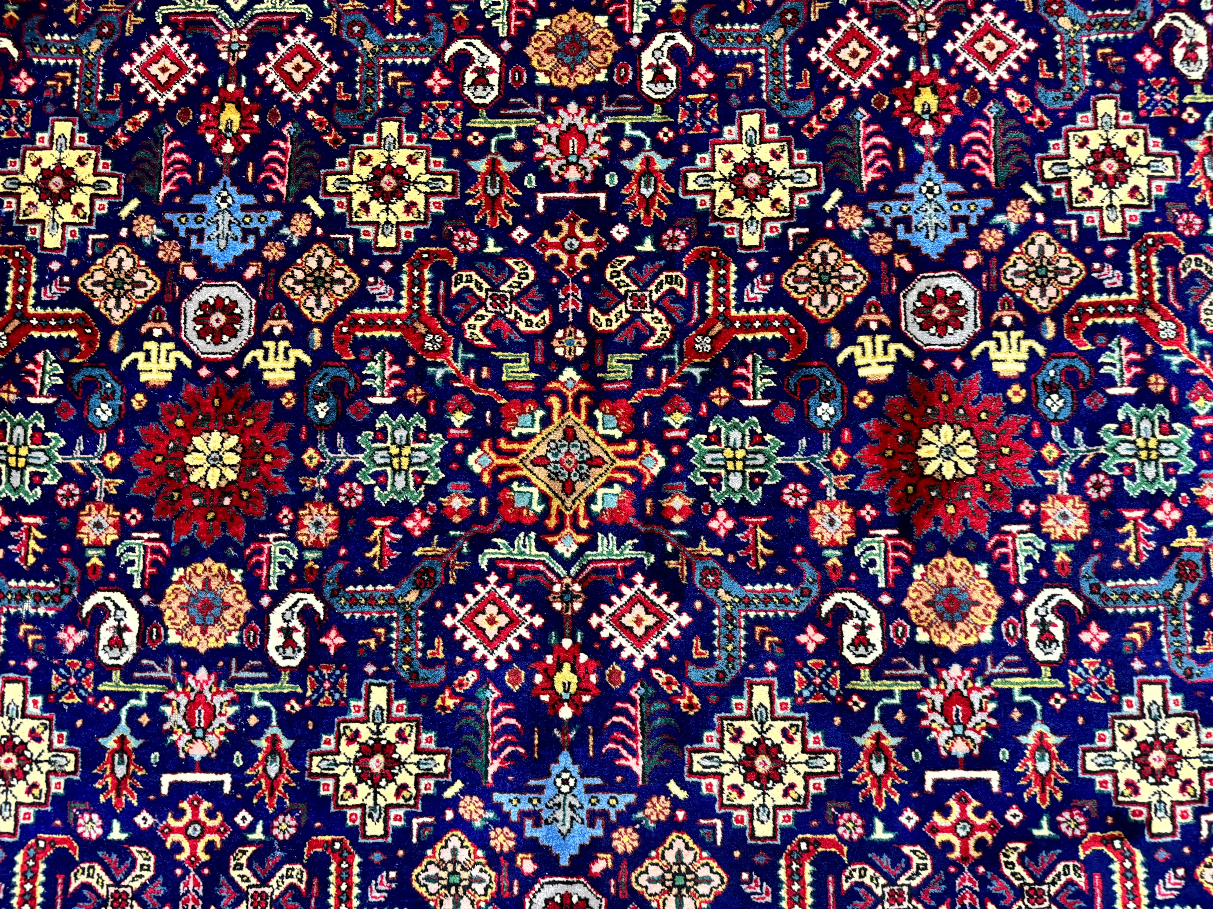 Large Persian Tabriz Rug 10x16, Navy Blue and Red, Allover Pattern, Vintage Hand Knotted Wool Carpet - Jewel Rugs