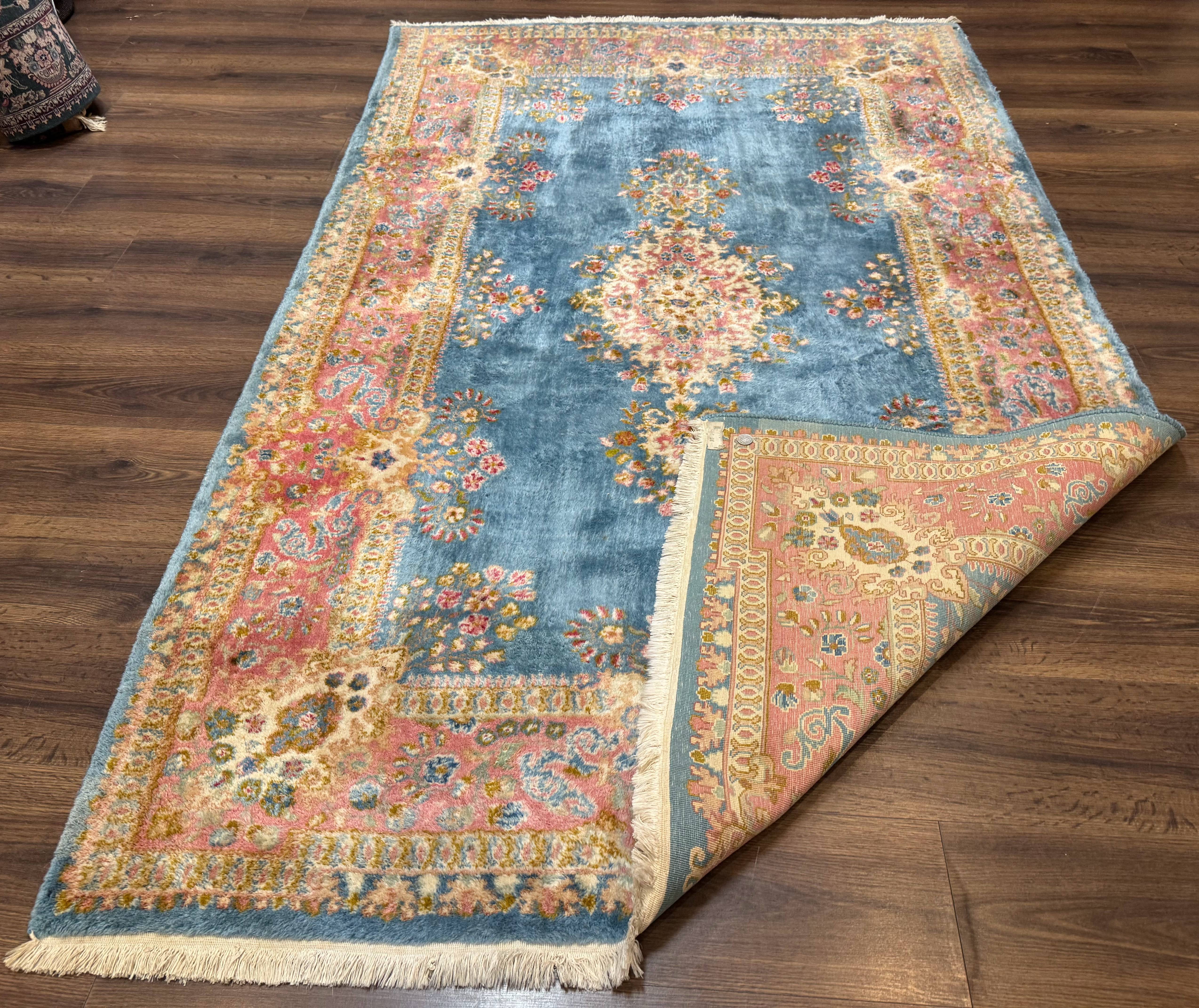 Persian Kerman Rug 5x8, Light Blue and Pink, Semi Open Field, Pastel Colors - Jewel Rugs