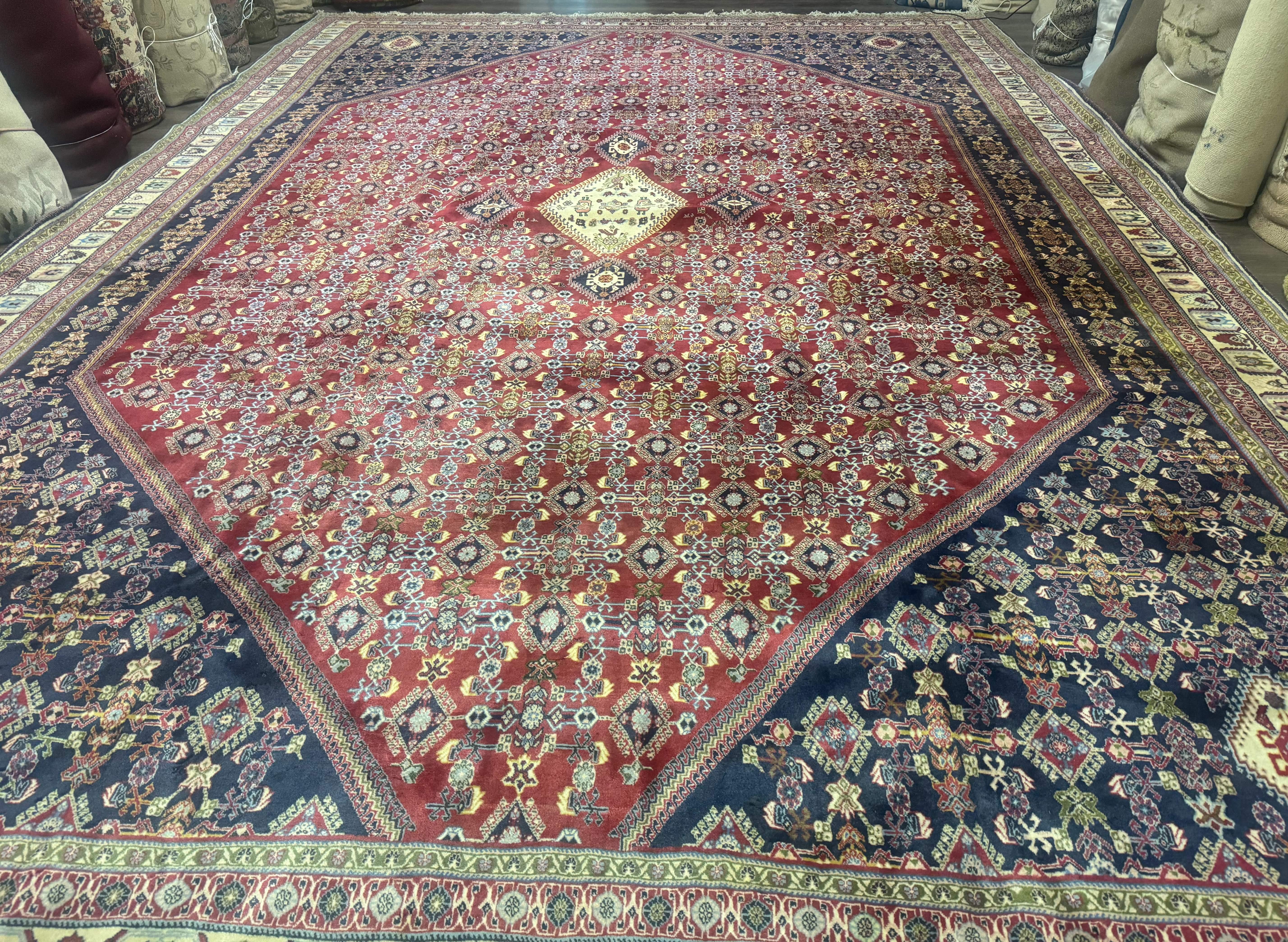 Palace Size Persian Shiraz Rug 13x19, Tribal Rug, Herati Pattern, Brick Red Navy Blue Beige, Oversized Persian Wool Area Rug, Extra Large - Jewel Rugs