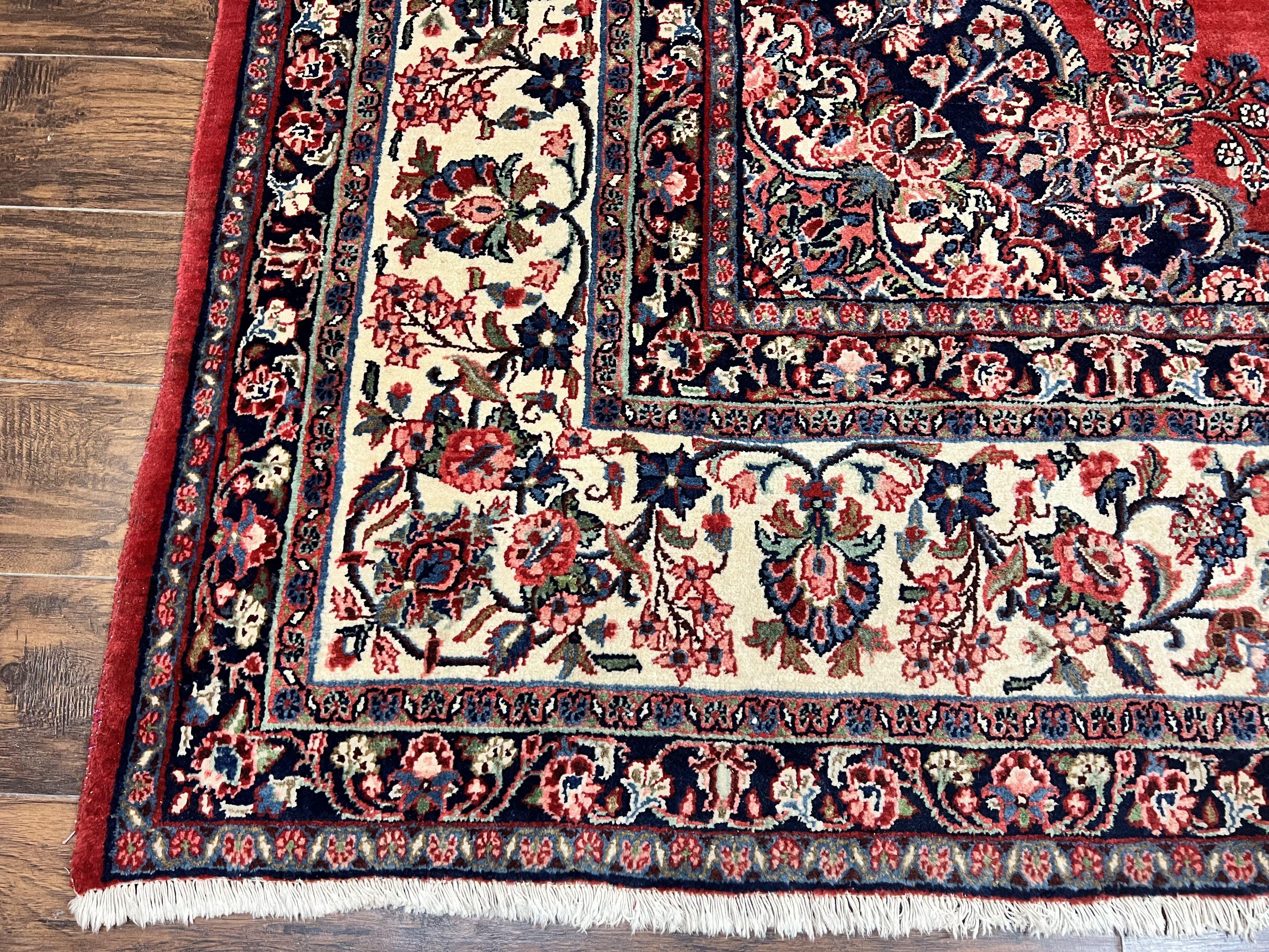 Persian Sarouk Rug 11x13, Wool Hand Knotted Antique Carpet, Red Ivory Traditional Handmade Large Oriental Area Rug 11 x 13, Floral Medallion - Jewel Rugs