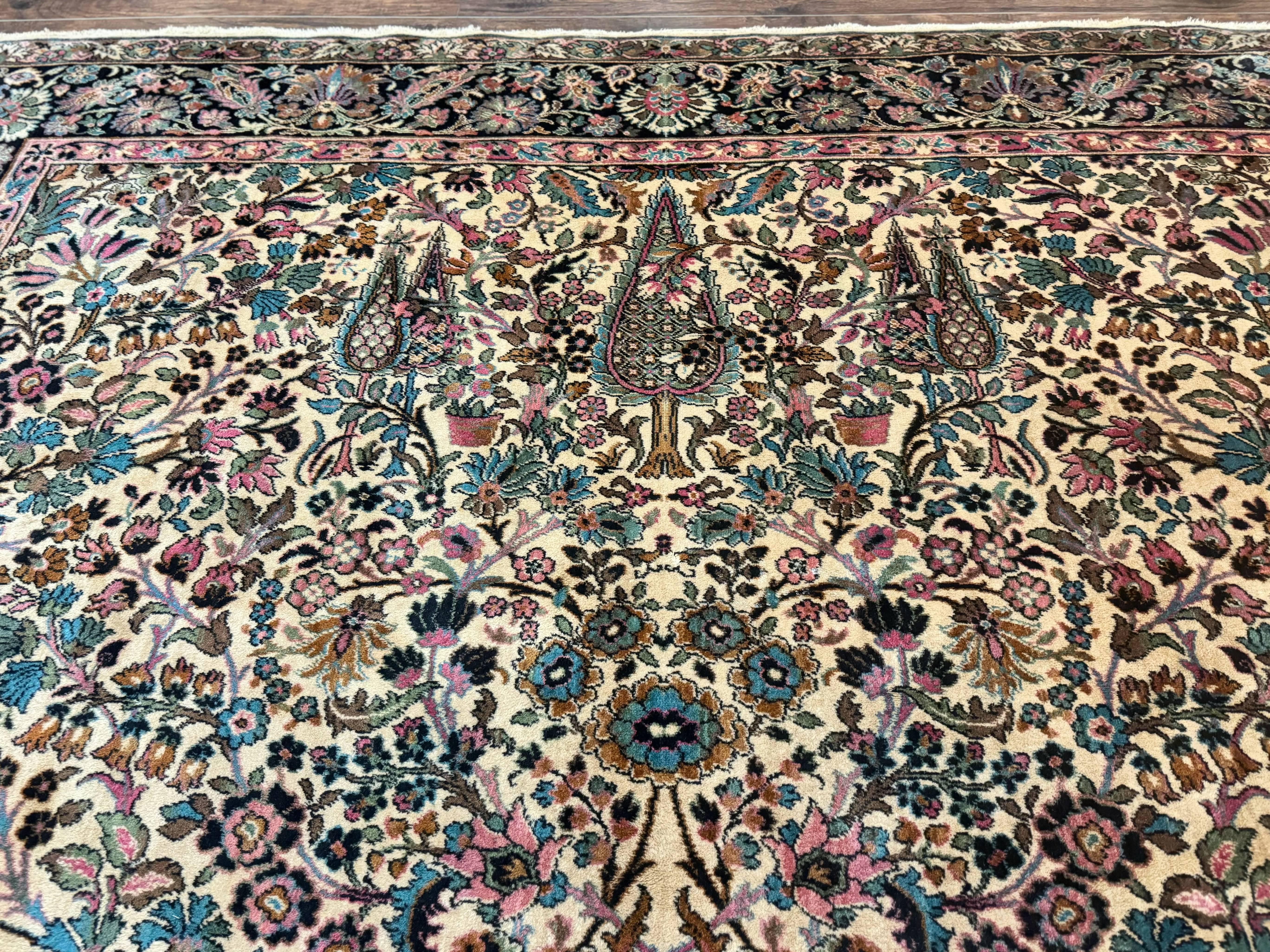 Persian Rug 9x12, Vintage Belgium Power Loomed Rug, Kirman Design, Cream and Navy Blue, Floral Allover Pattern, Wool, Cedar Trees, Gulistan - Jewel Rugs