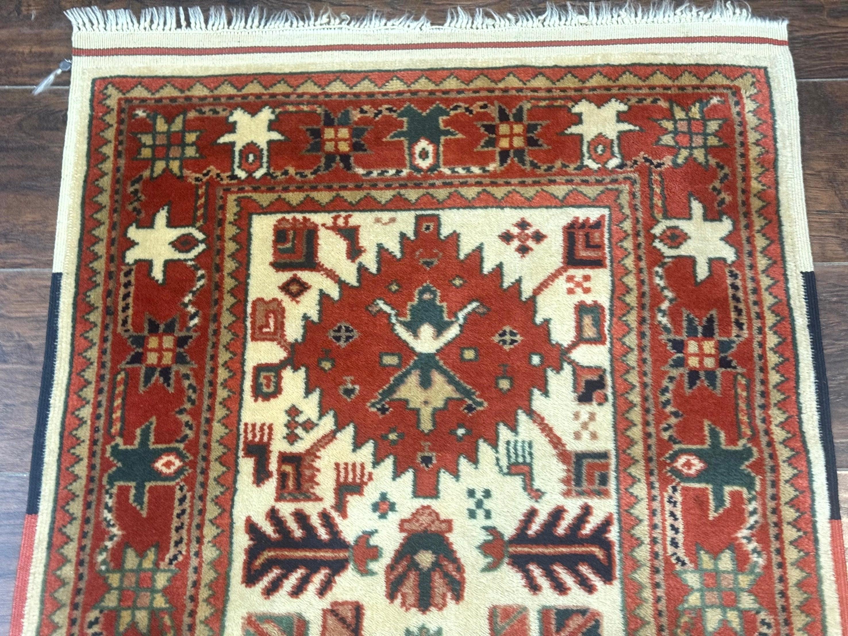 Turkish Runner Rug 2.4 x 8, Kazak Geometric Heriz Pattern, Beige Red - Jewel Rugs