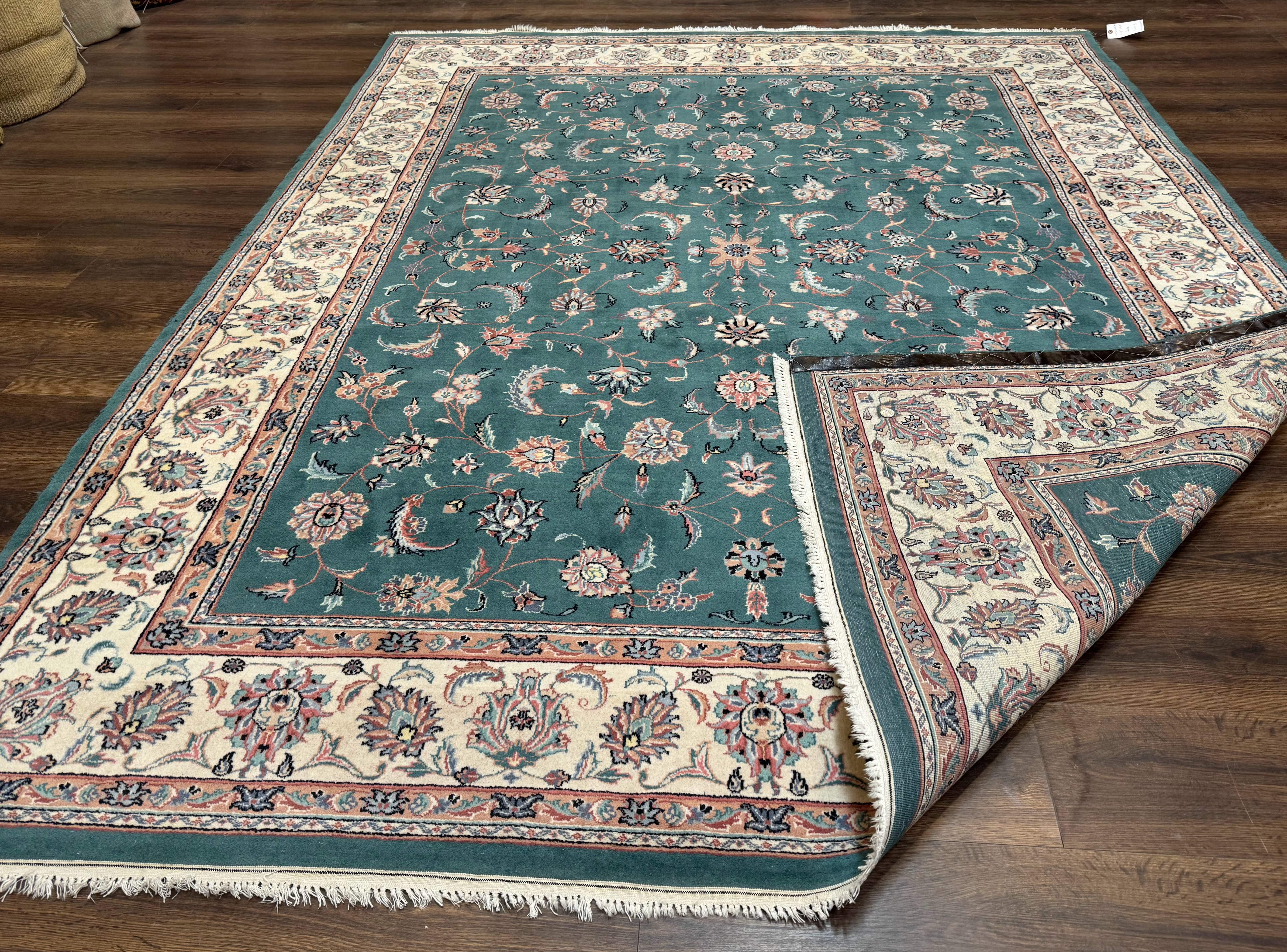 Indo Persian Rug 8x10, Green and Beige Oriental Carpet, Traditional Wool Area Rug, Floral Allover Pattern - Jewel Rugs