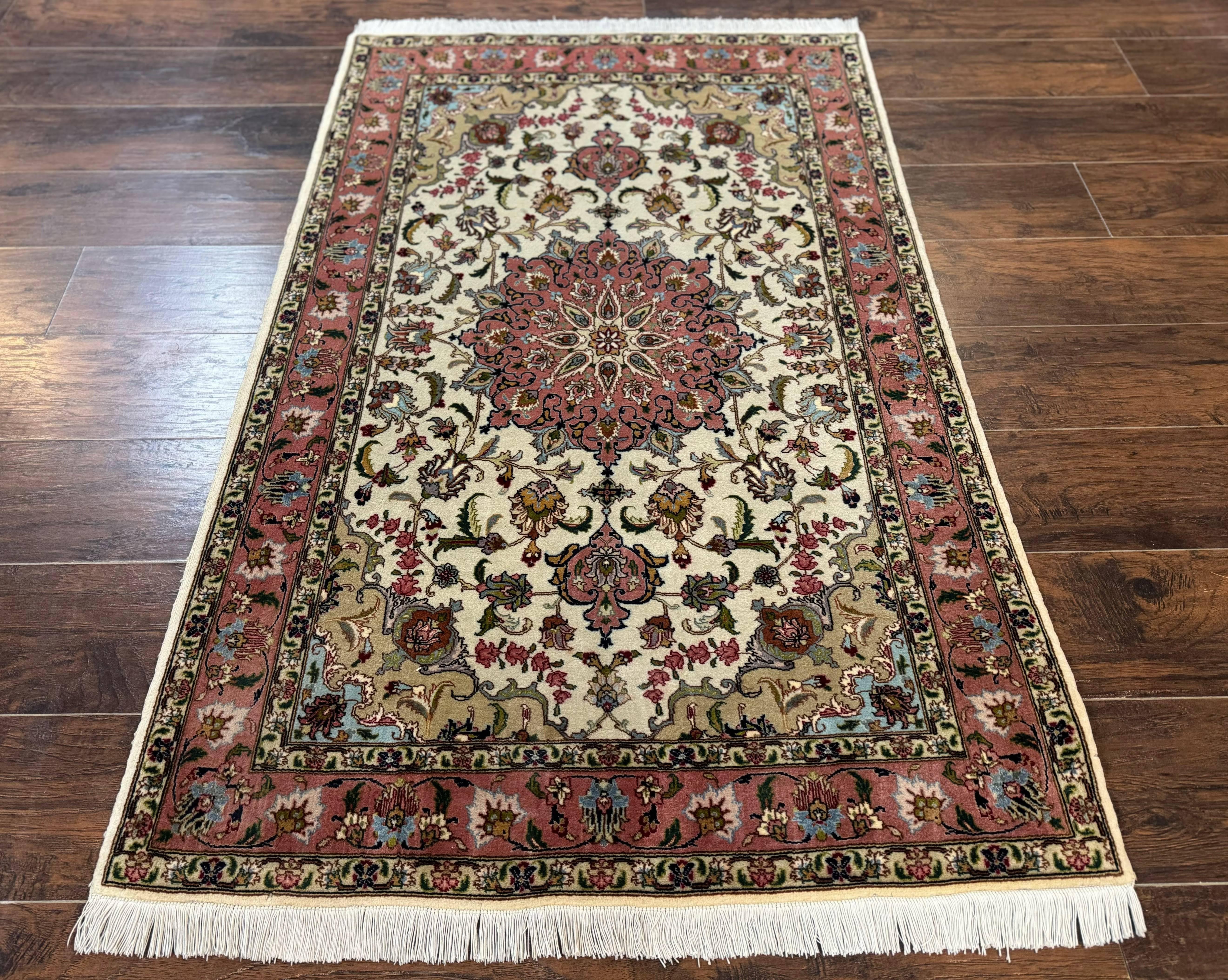 Fine Persian Tabriz Rug 3x5, Floral Medallion, 340 KPSI, Ivory Salmon - Jewel Rugs