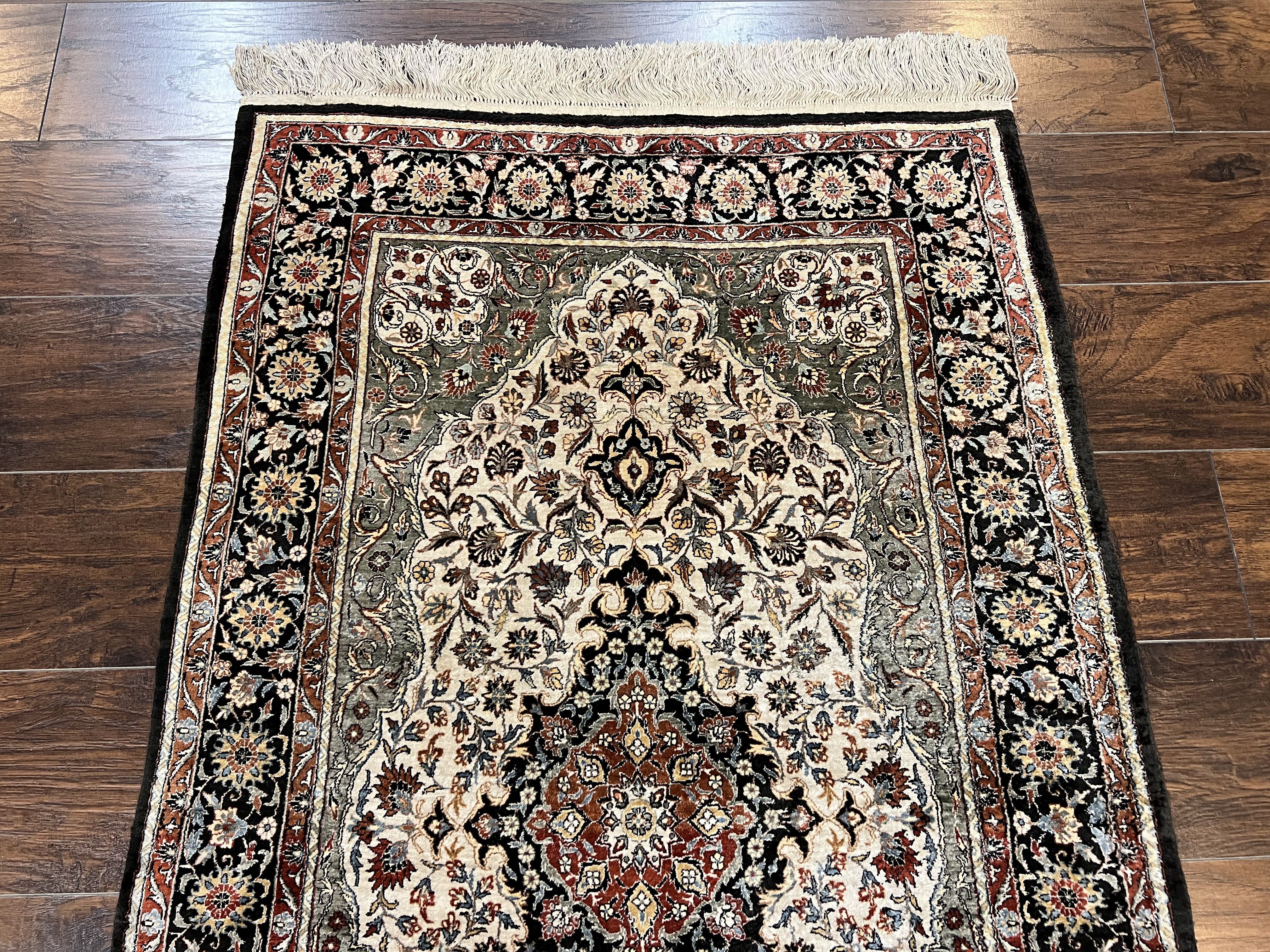 Silk Sino Persian Rug 3x5, Floral Medallion, Hand Knotted Silk Pile Silk Foundation, Traditional Silk Handmade Oriental Carpet, Cream Black - Jewel Rugs