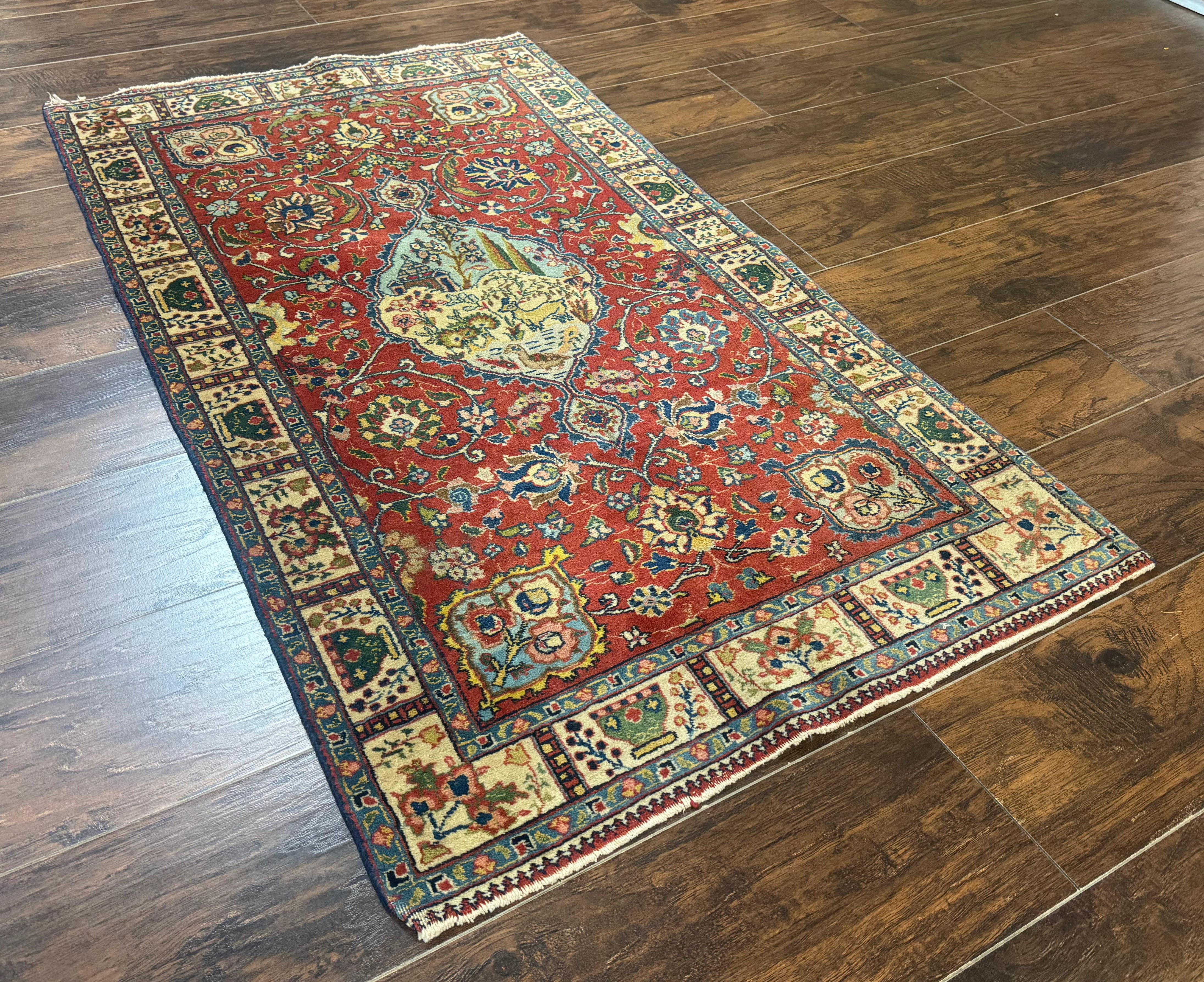 Small Persian Tabriz Rug 2.8 x 4.7, Red, Animal Pictorials, Semi Antique Vintage - Jewel Rugs