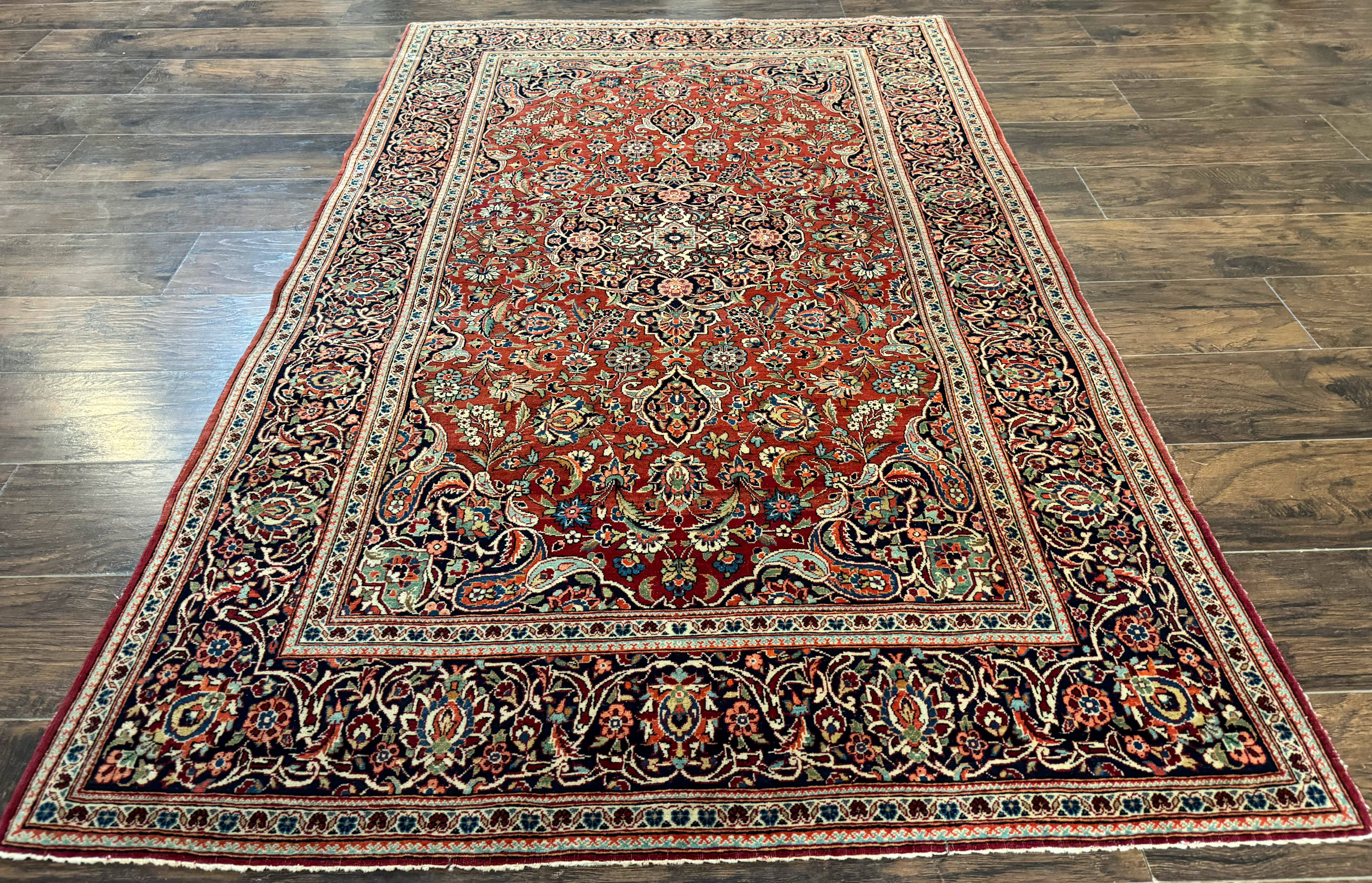 Persian Kashan Rug 4x7, Red and Navy Blue, Floral Antique Carpet - Jewel Rugs