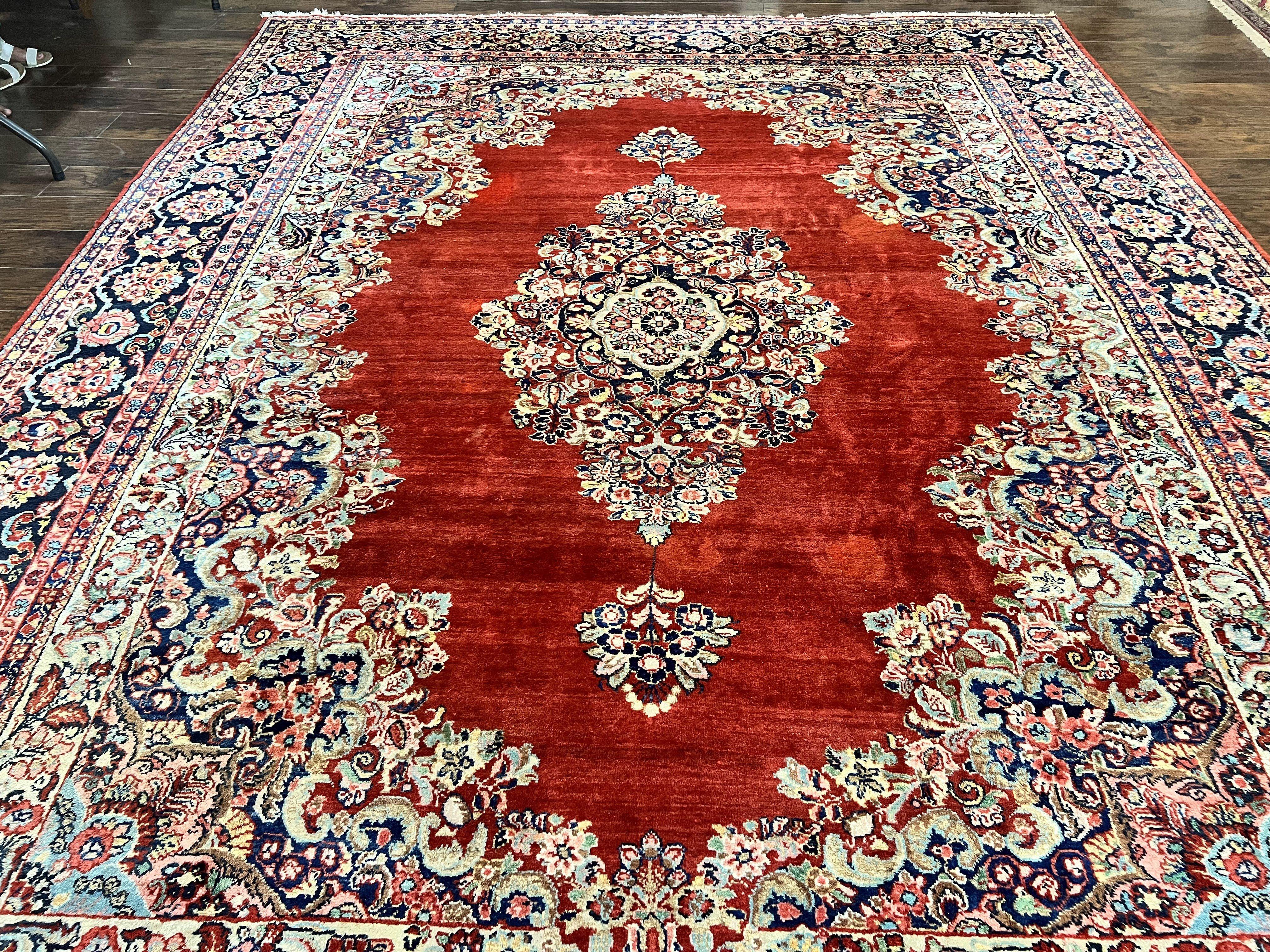 Persian Sarouk Rug 11x14, Semi Open Field, Large Antique Persian Wool Handmade Carpet, Red and Dark Blue, Floral - Jewel Rugs