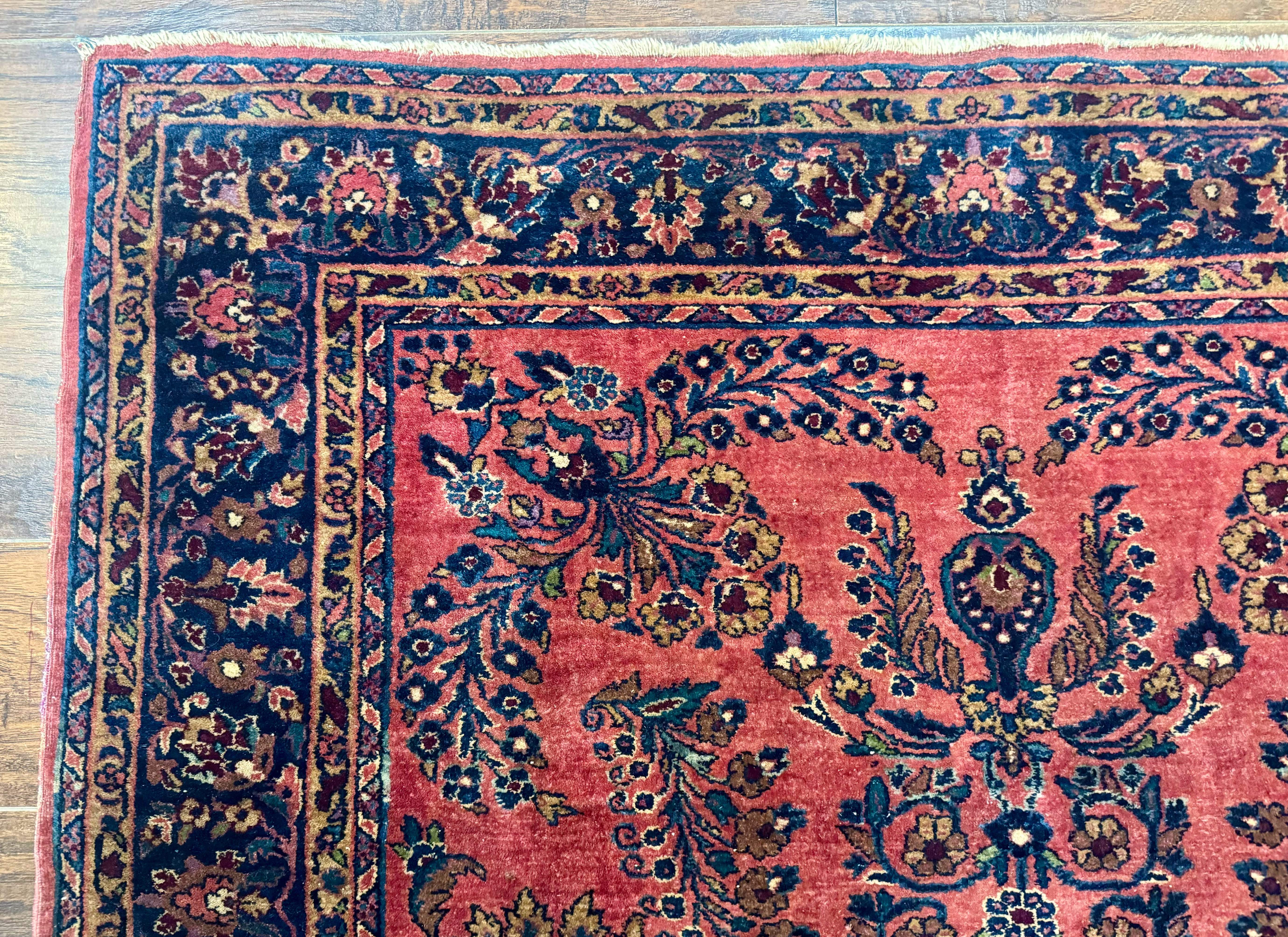 Persian Mohajeran Sarouk Rug 5x7 – Light Red and Navy, Handmade Wool, Antique Carpet, Fine 200 KPSI - Jewel Rugs