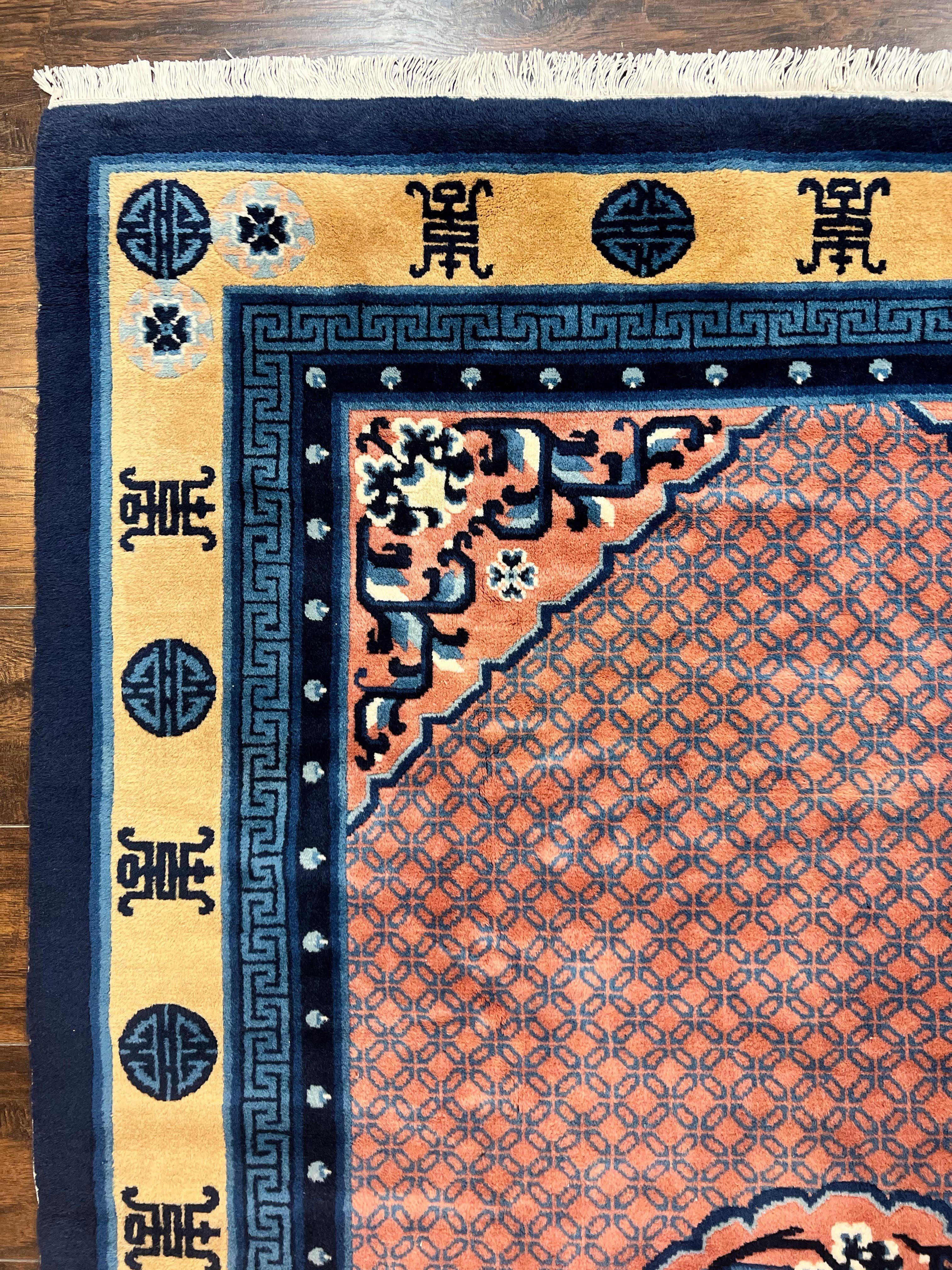 Chinese Peking Rug 5x8, Vintage Semi Antique Chinese Art Deco Carpet, Wool Pile Light Red/Salmon Gold Navy Blue, Handmade Asian Oriental Rug - Jewel Rugs