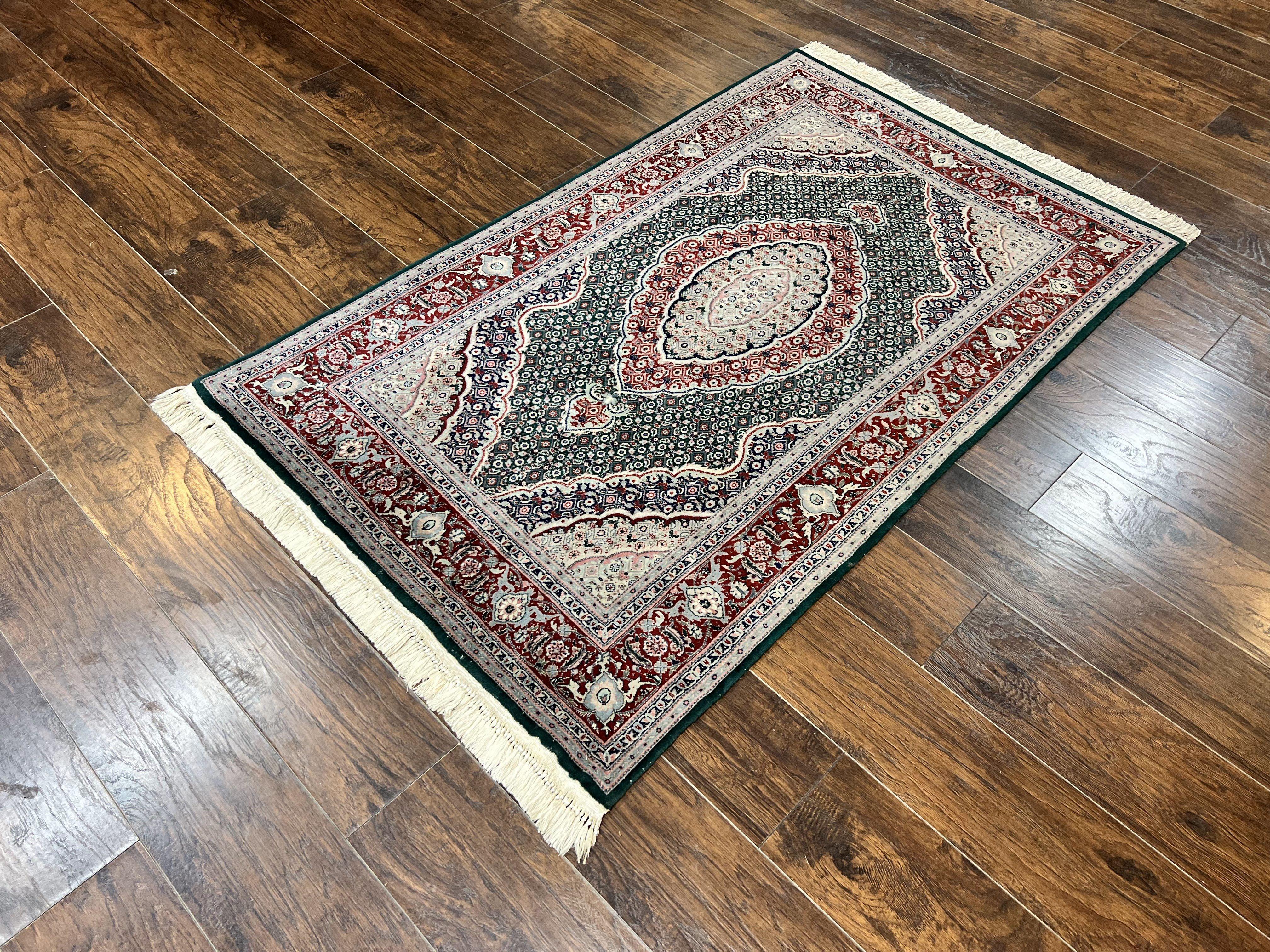 Sino Persian Rug 4x6, Wool with Silk Highlights, Fine Hand Knotted Carpet, Green & Maroon Red, Herati Medallion, Vintage Rug - Jewel Rugs