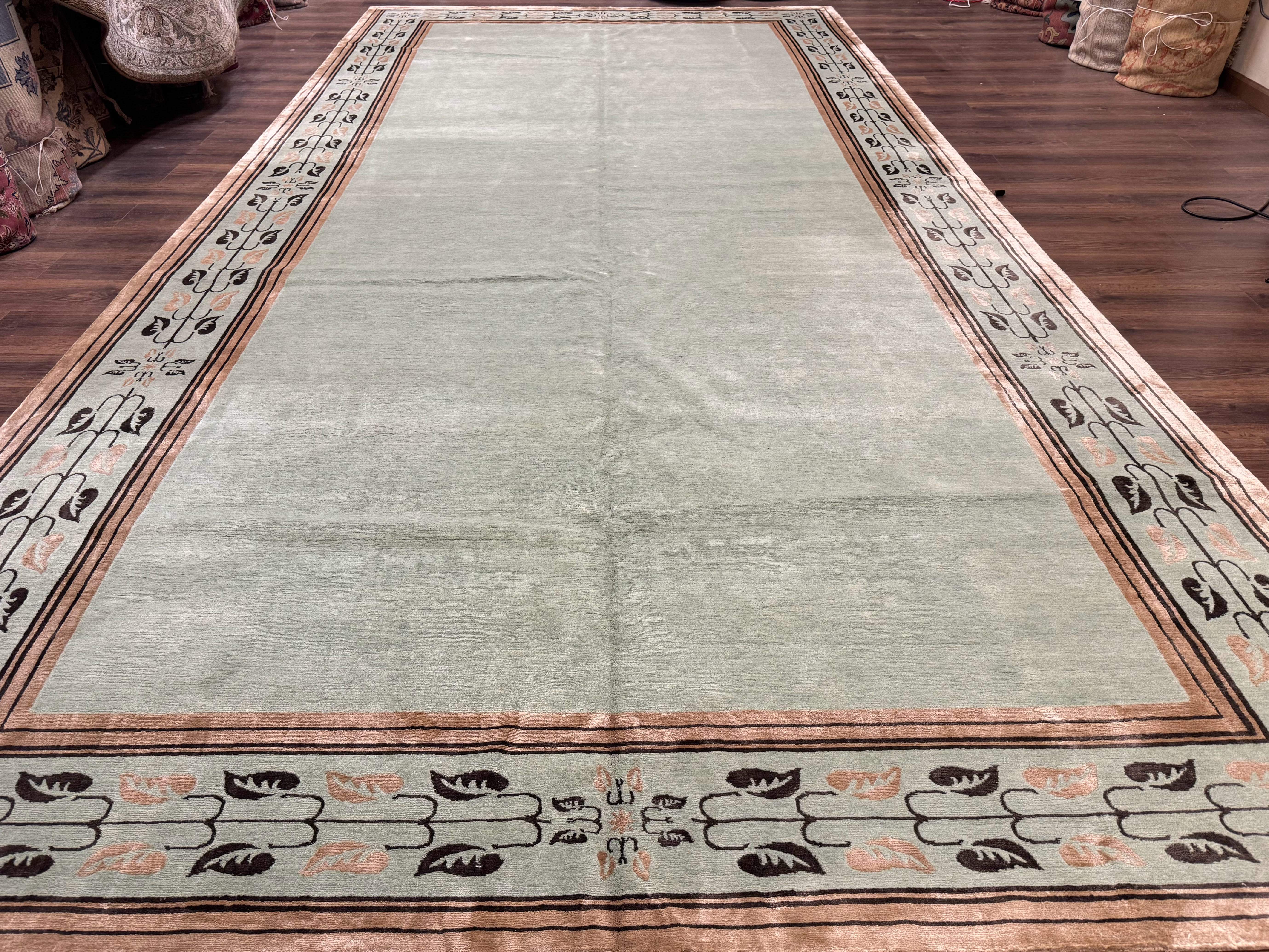 Palace Size Nepali Rug 9x18, Open Field, Light Mint Green, Wool Hand Knotted, Modern Contemporary - Jewel Rugs