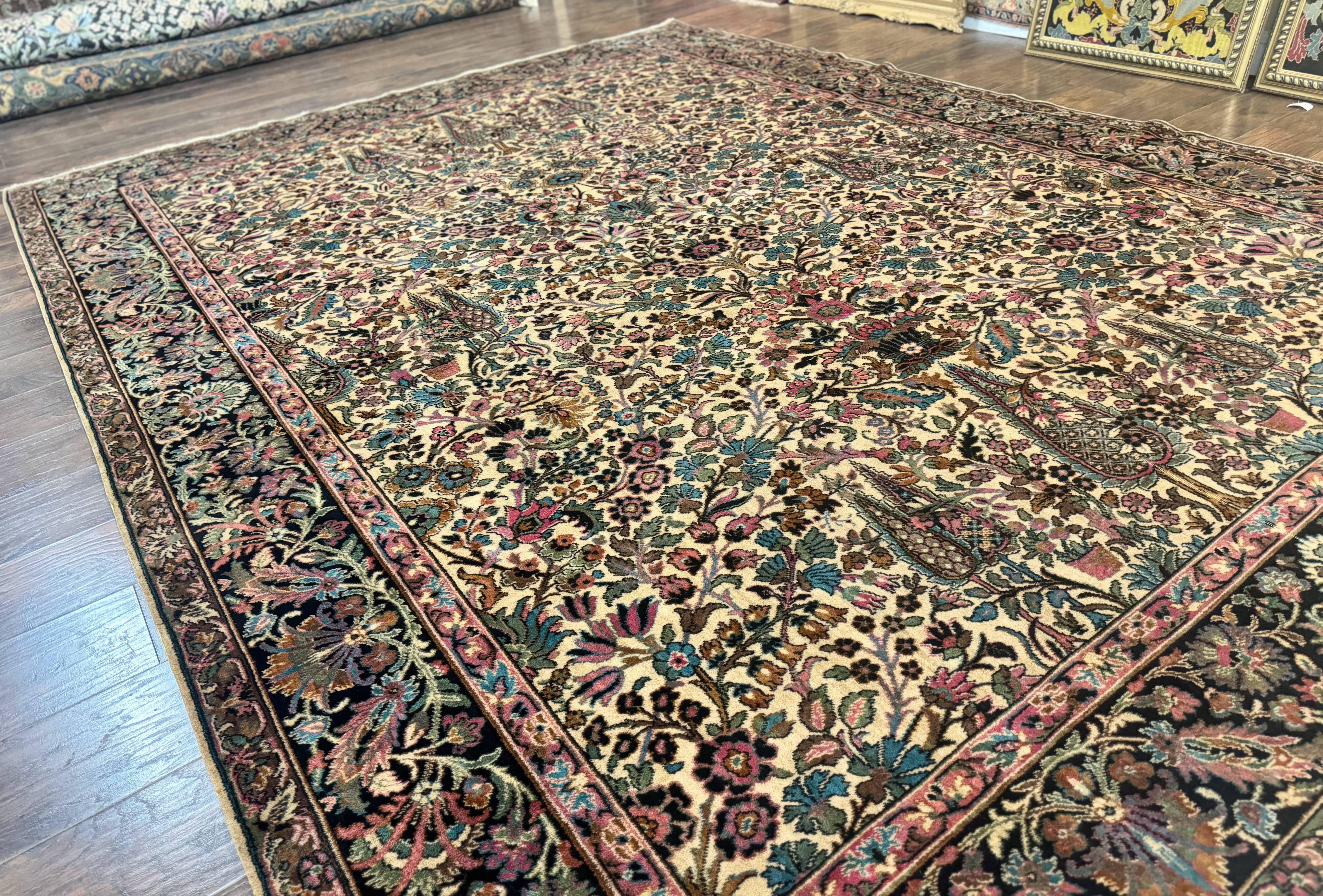 Persian Rug 9x12, Vintage Belgium Power Loomed Rug, Kirman Design, Cream and Navy Blue, Floral Allover Pattern, Wool, Cedar Trees, Gulistan - Jewel Rugs