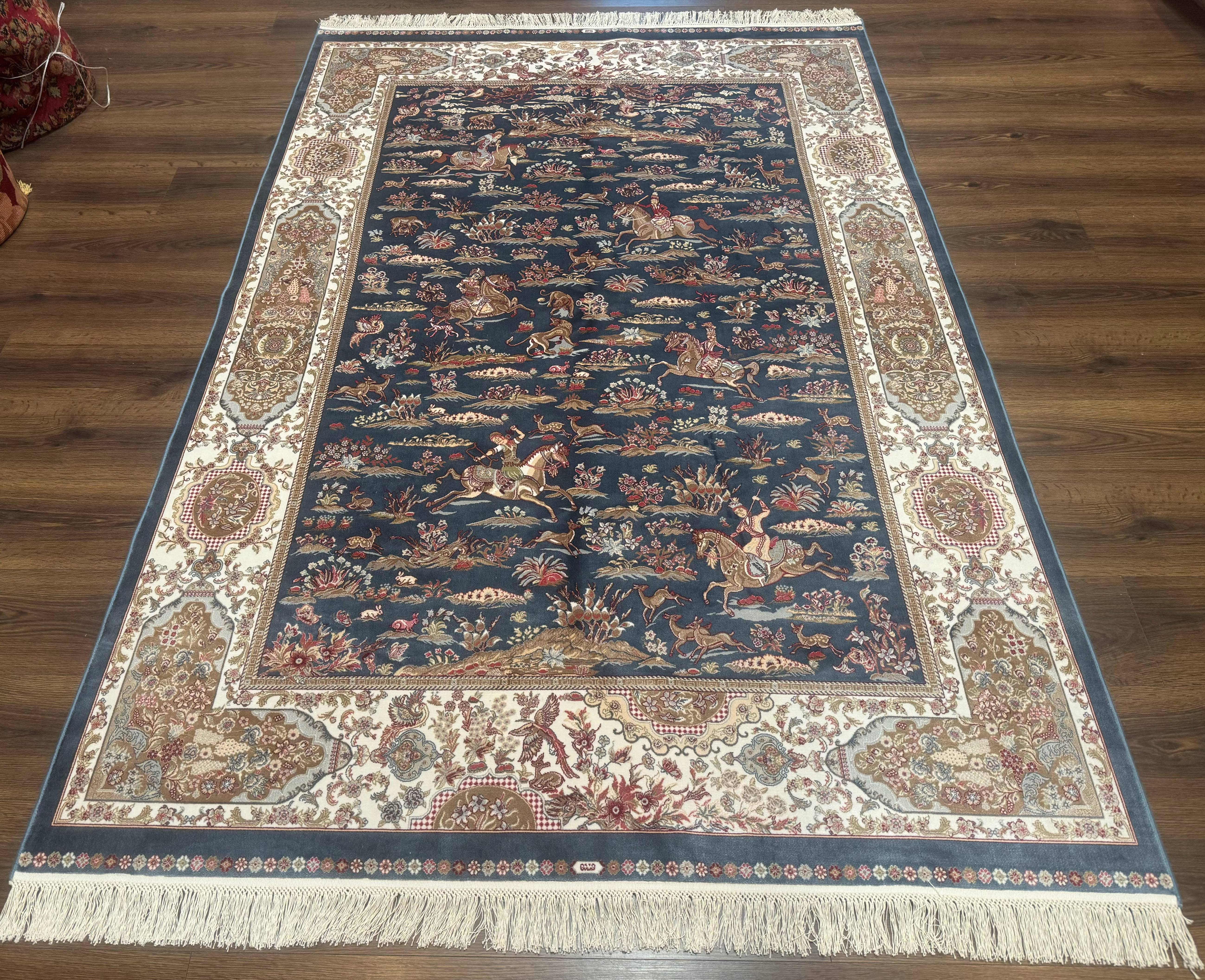 Turkish Silk Rug 5x8, Hunting Design, Animal Pictorials, Steel Blue & Ivory, Bamboo Silk - Jewel Rugs
