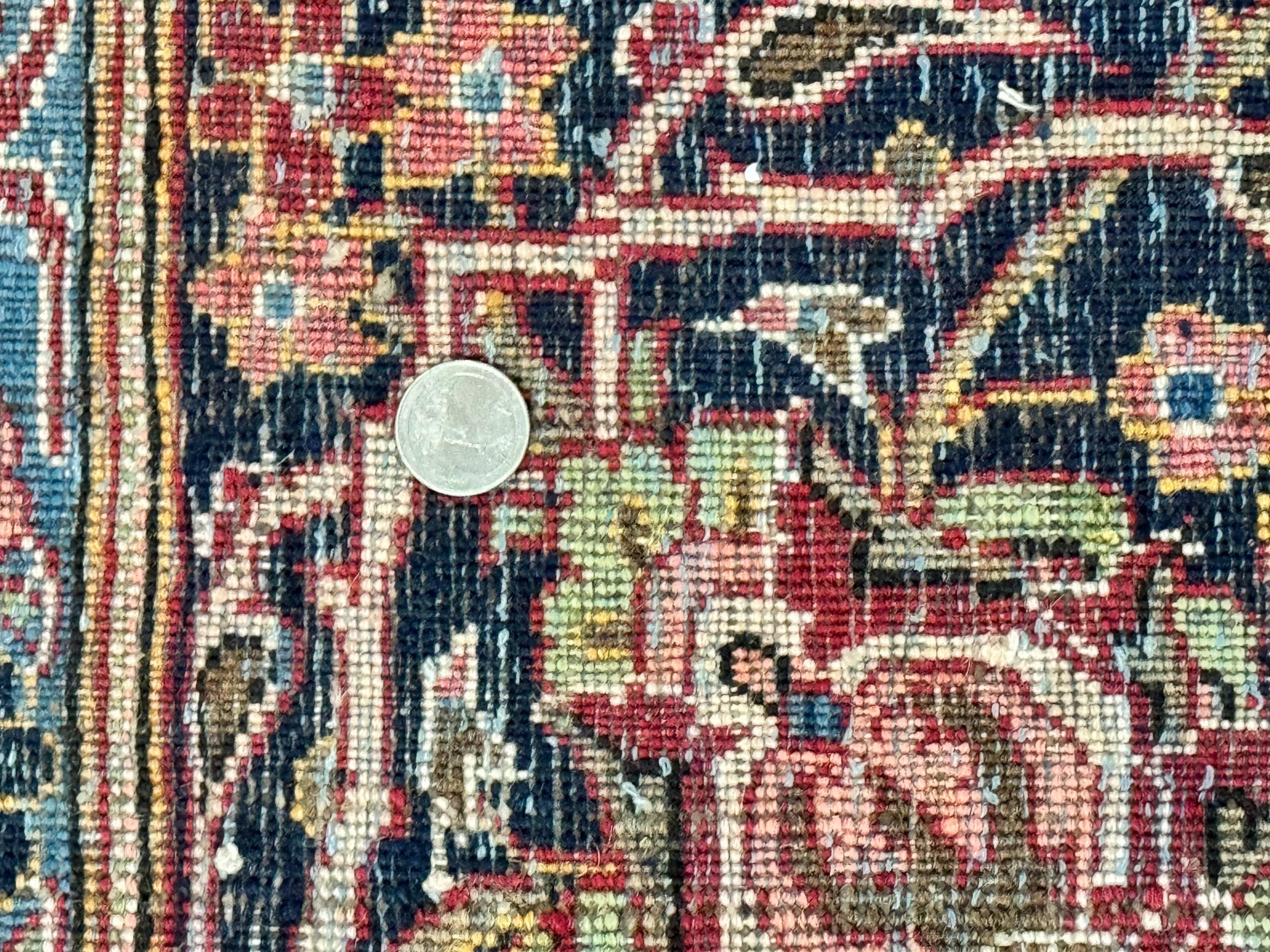 Red Persian Kashan Rug 10x14, Hand-Knotted Semi Antique Floral Medallion Handmade Wool Carpet, Red & Navy Blue - Jewel Rugs