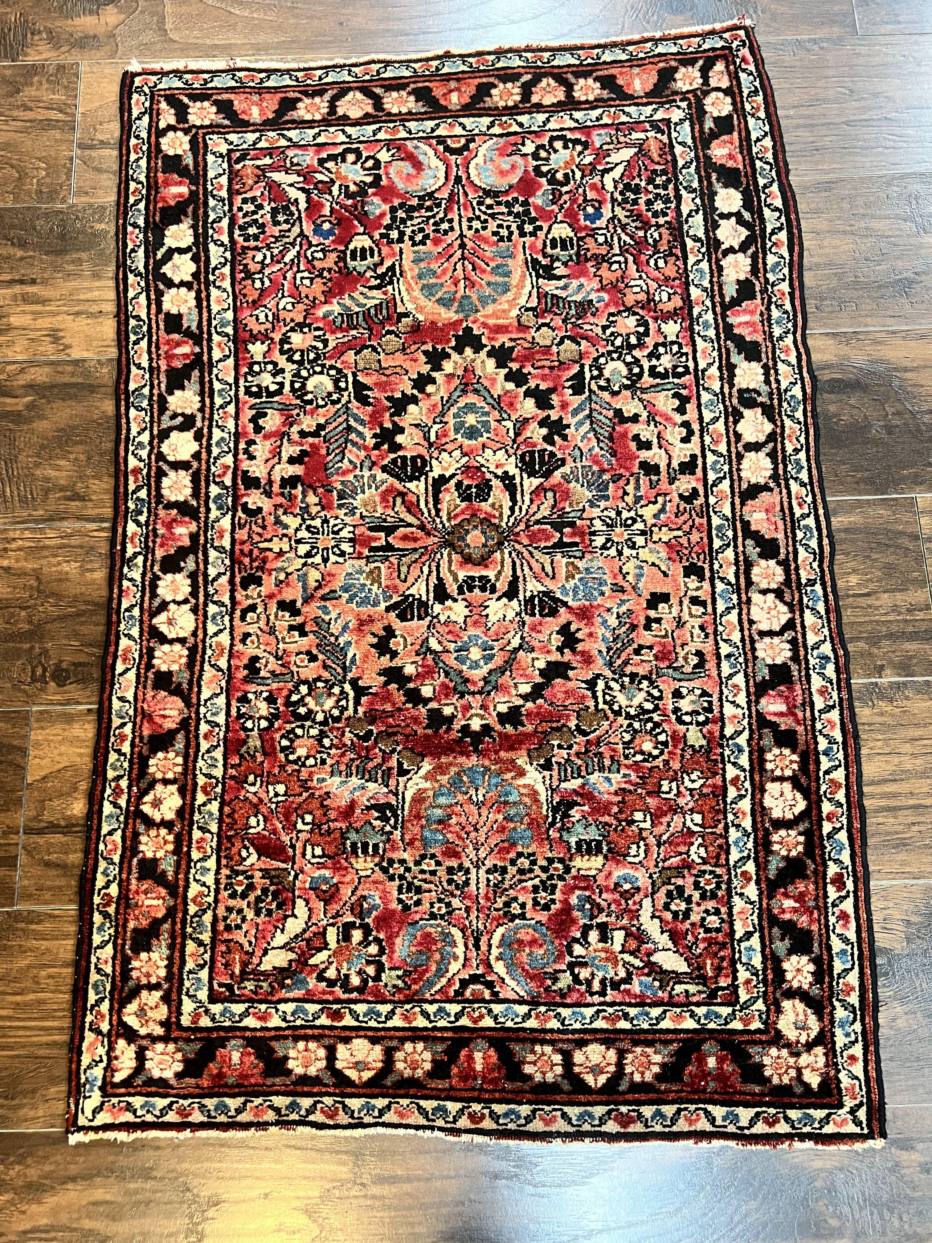Small Antique Persian Rug 2.6 x 4, Red Floral Handmade 1920s Wool Rug, Persian Hamadan Lilian Rug - Jewel Rugs