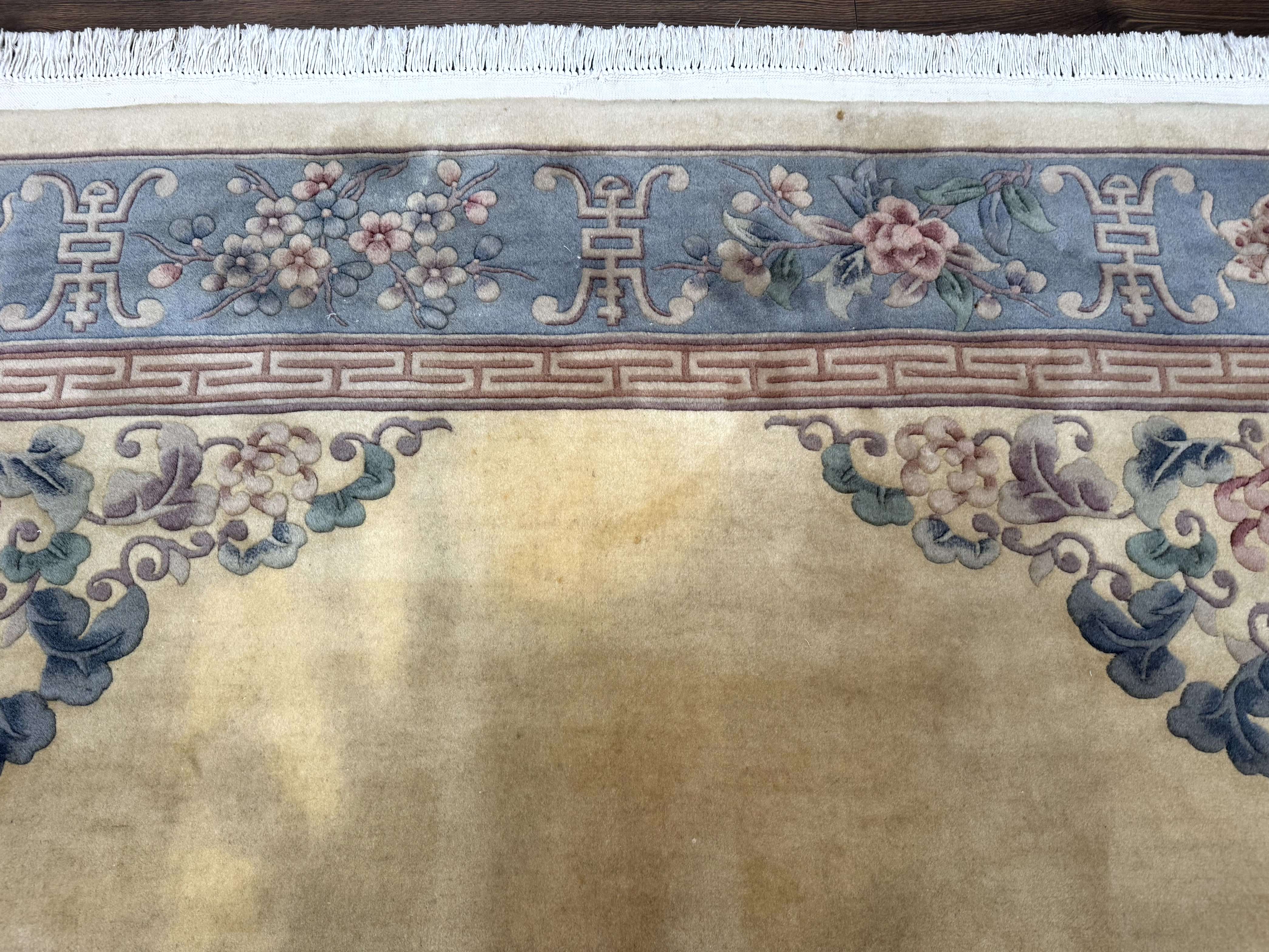 Chinese Wool Rug 8x10, Chinese 90 Line Carpet, Carving Sculpted Rug, Cream and Light Blue - Jewel Rugs