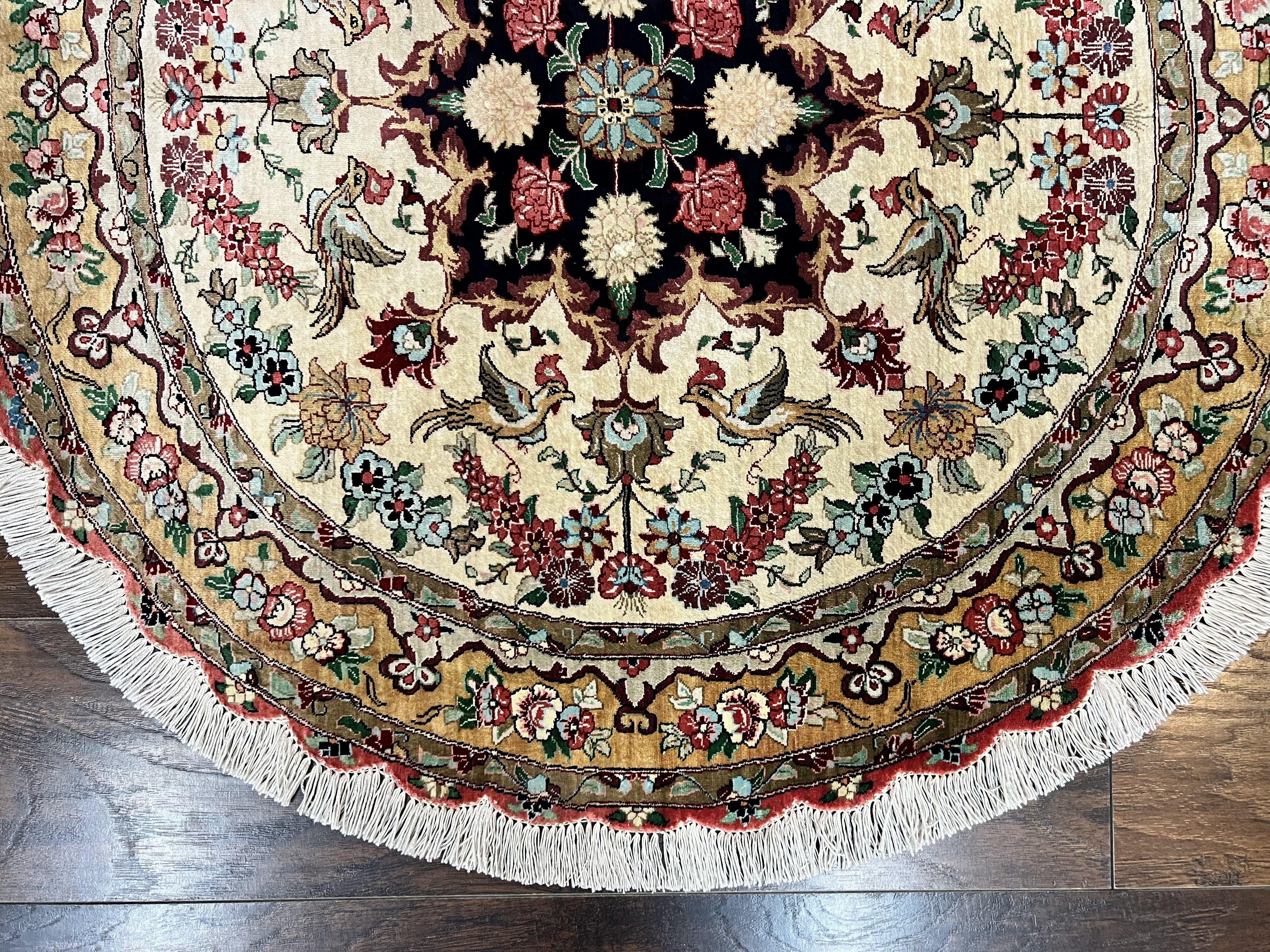 Silk Persian Tabriz Round Rug 3x3 ft, Very Fine Hand Knotted Carpet 380 KPSI, Cream & Gold, Bird Pictorials, Floral, Rare - Jewel Rugs