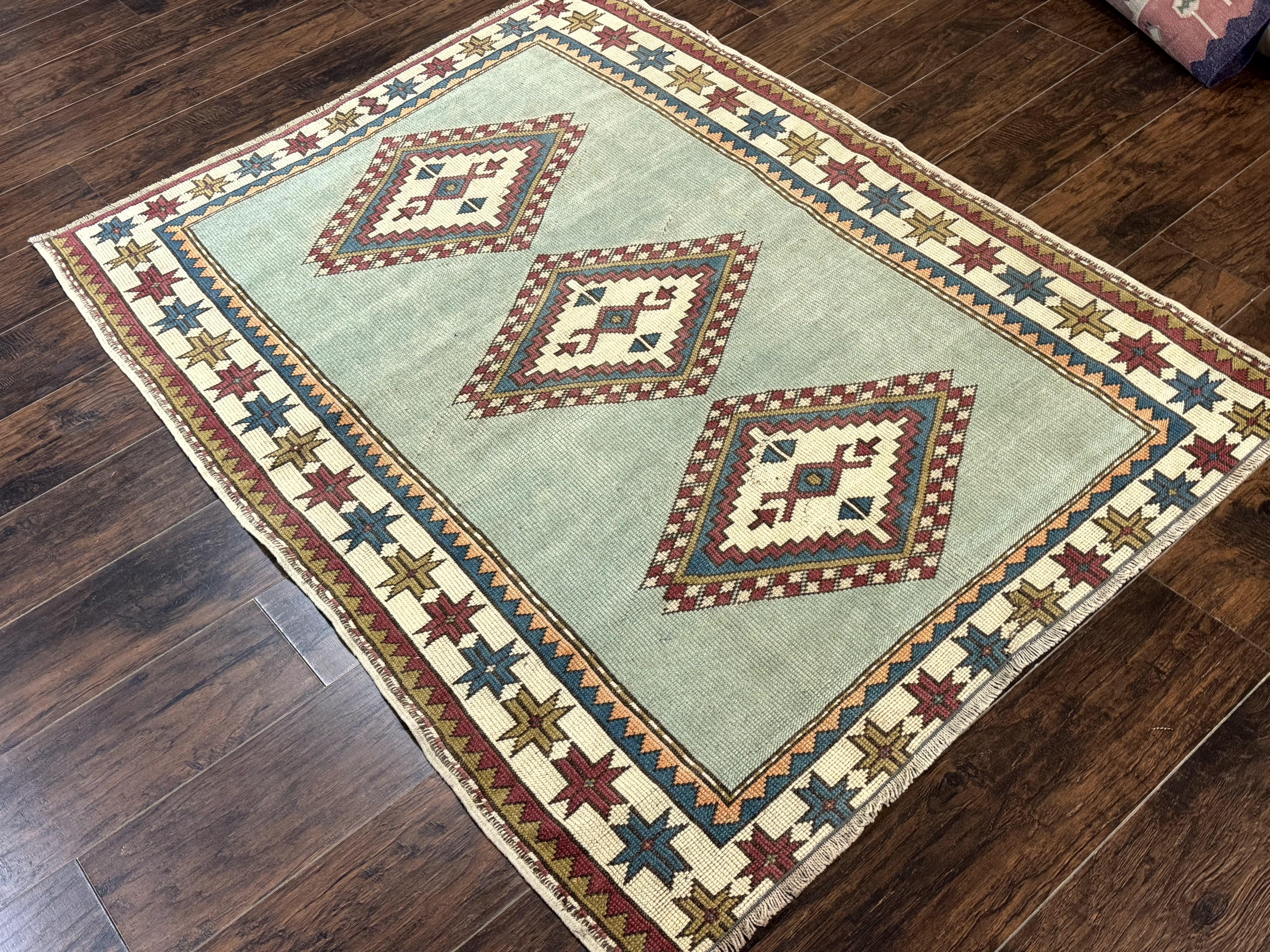 Turkish Kazak Rug 4x6, Geometric Medallion, Caucasian Design Rug, Semi Antique Vintage, Mint Green Maroon Ivory - Jewel Rugs