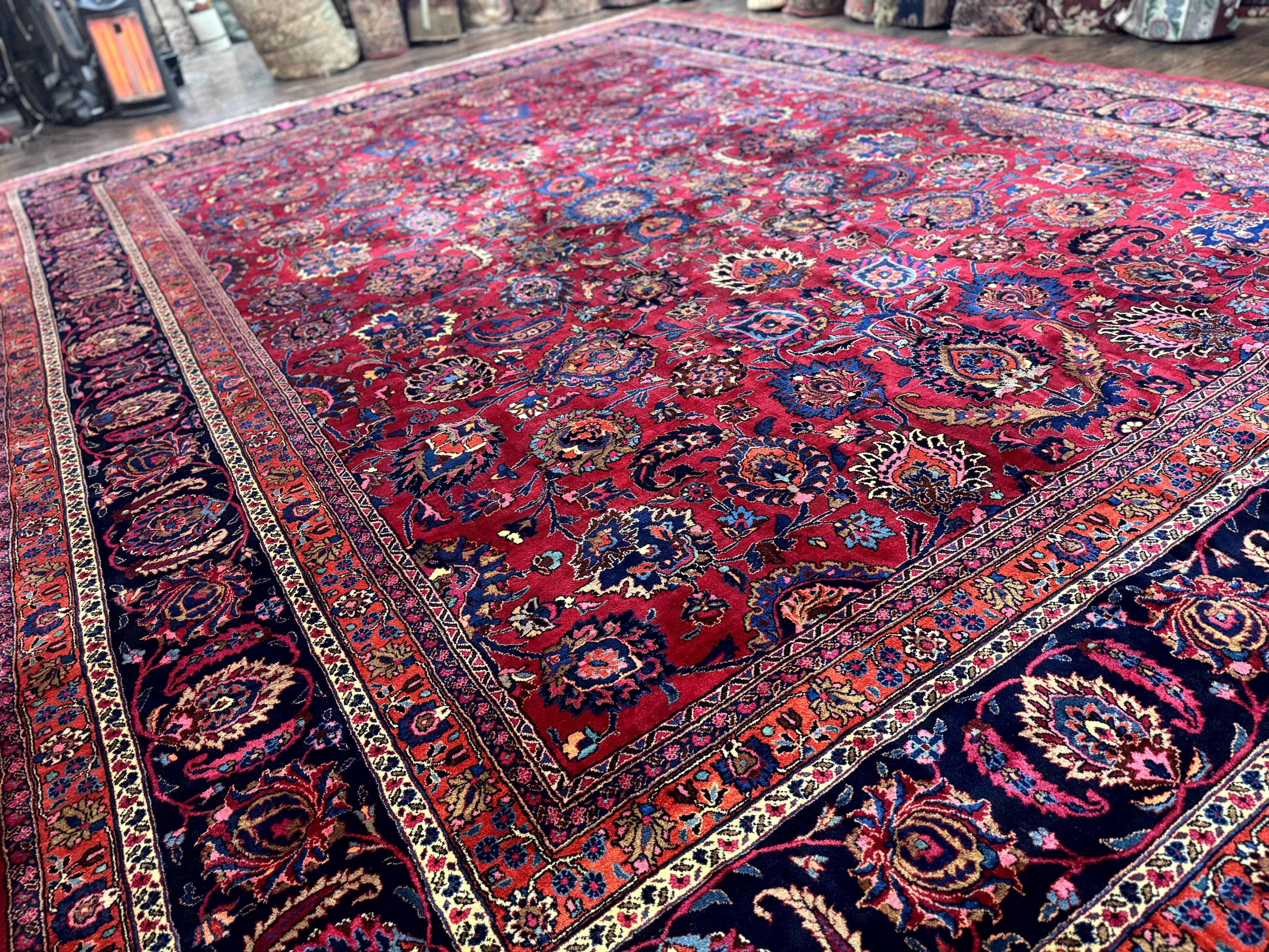 Palace Size Persian Mashad Rug 12x16, Raspberry and Navy Blue, Signature from Master Weaver, Antique Handmade Large Wool Carpet - Jewel Rugs