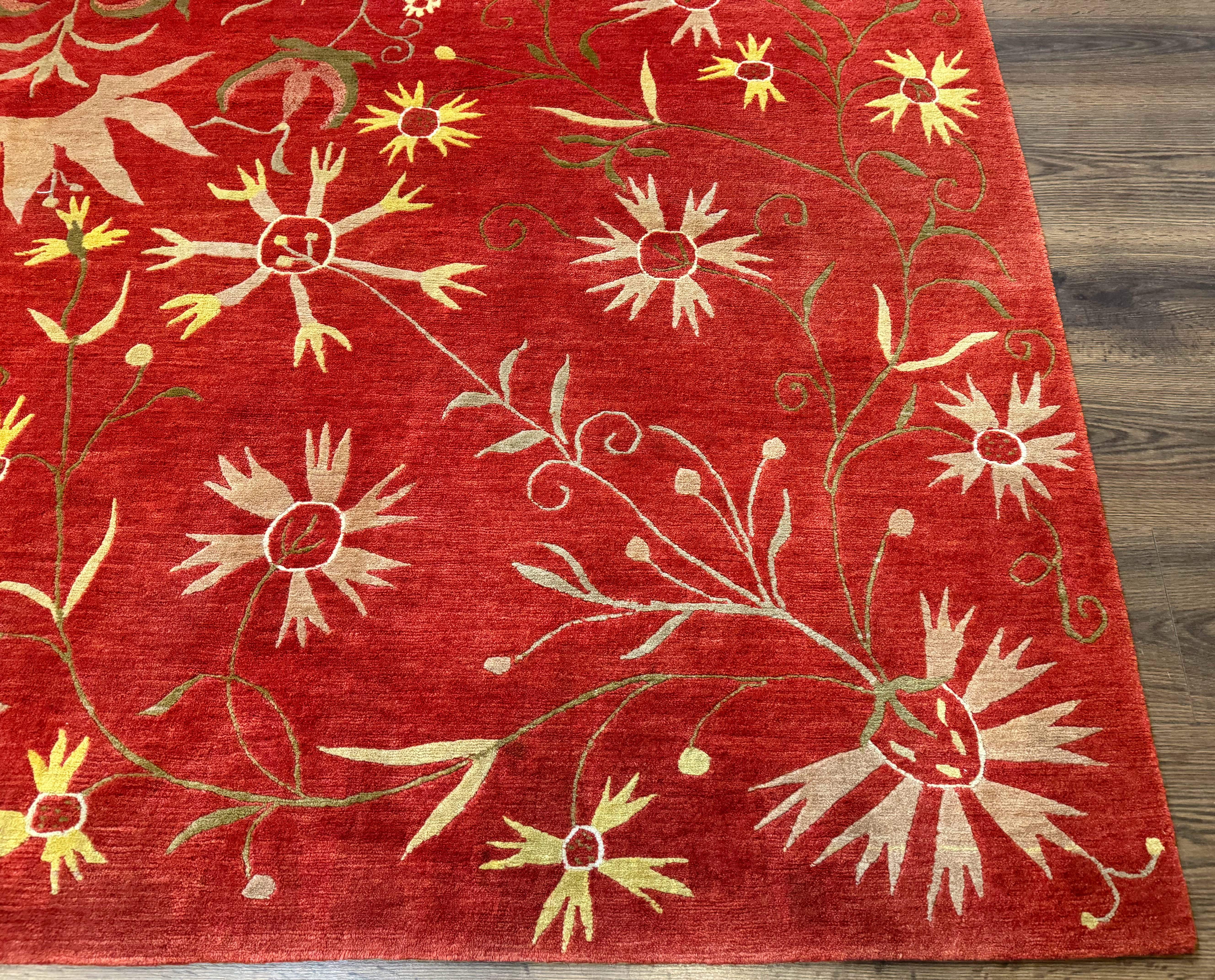 Tibetan Rug 8x10, Odegard Carpet, Hand-Knotted, Rust Red, Wool with Silk Highlights - Jewel Rugs
