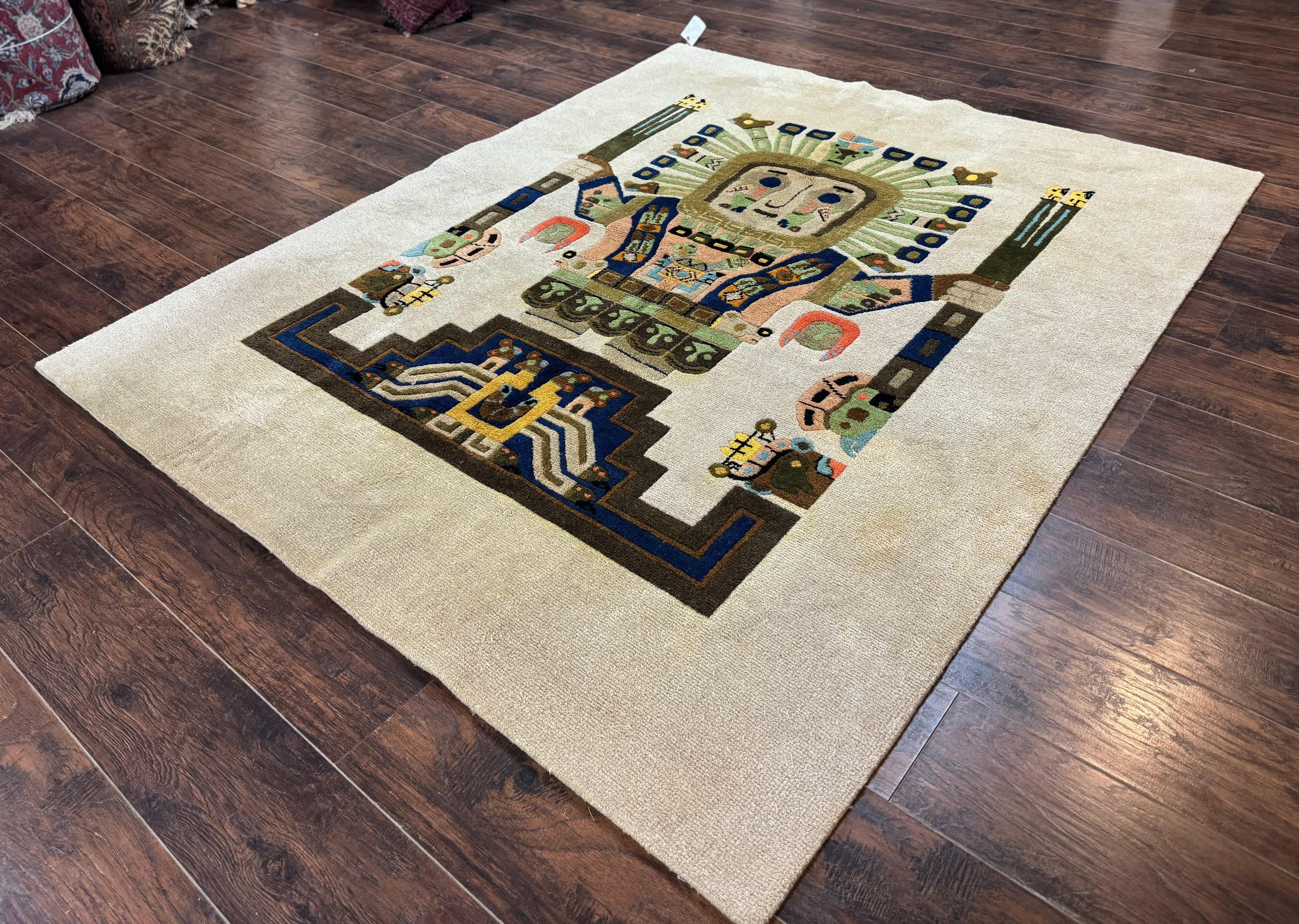 South American Rug 6x7, Unique Native American Design, Ivory, Ecuador Rug, Handmade Wool - Jewel Rugs