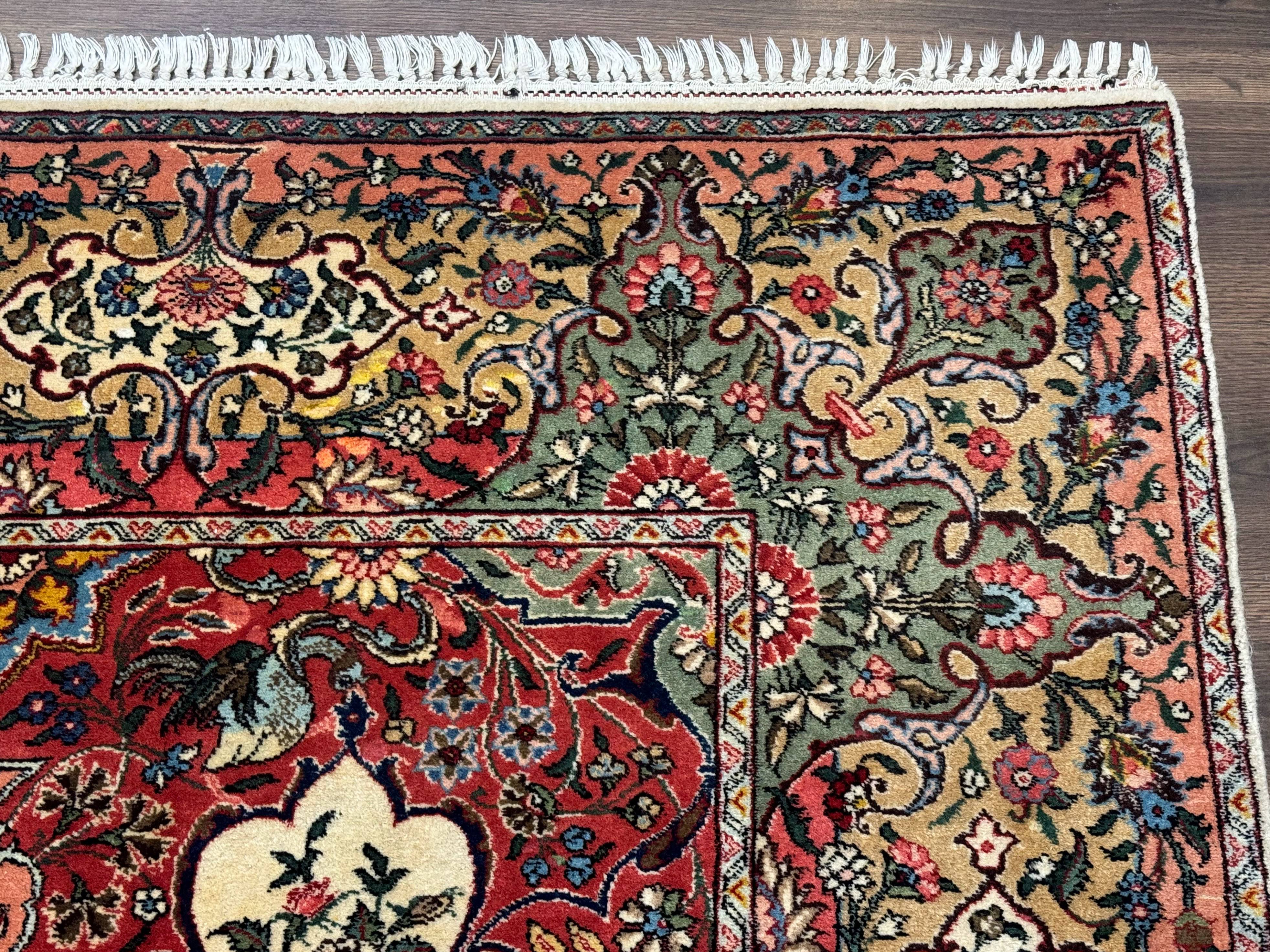 Antique Tabriz Persian Rug 7x10, Red Cream Tan, Unique Design, Fine 270 KPSI, Birds, Floral - Jewel Rugs