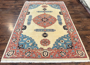 Romanian Heriz Serapi Rug 6x9, Hand Knotted Vintage Wool Oriental Carpet, Medium Sized Area Rug, Boho Rug, Handmade Rug, Cream and Pink