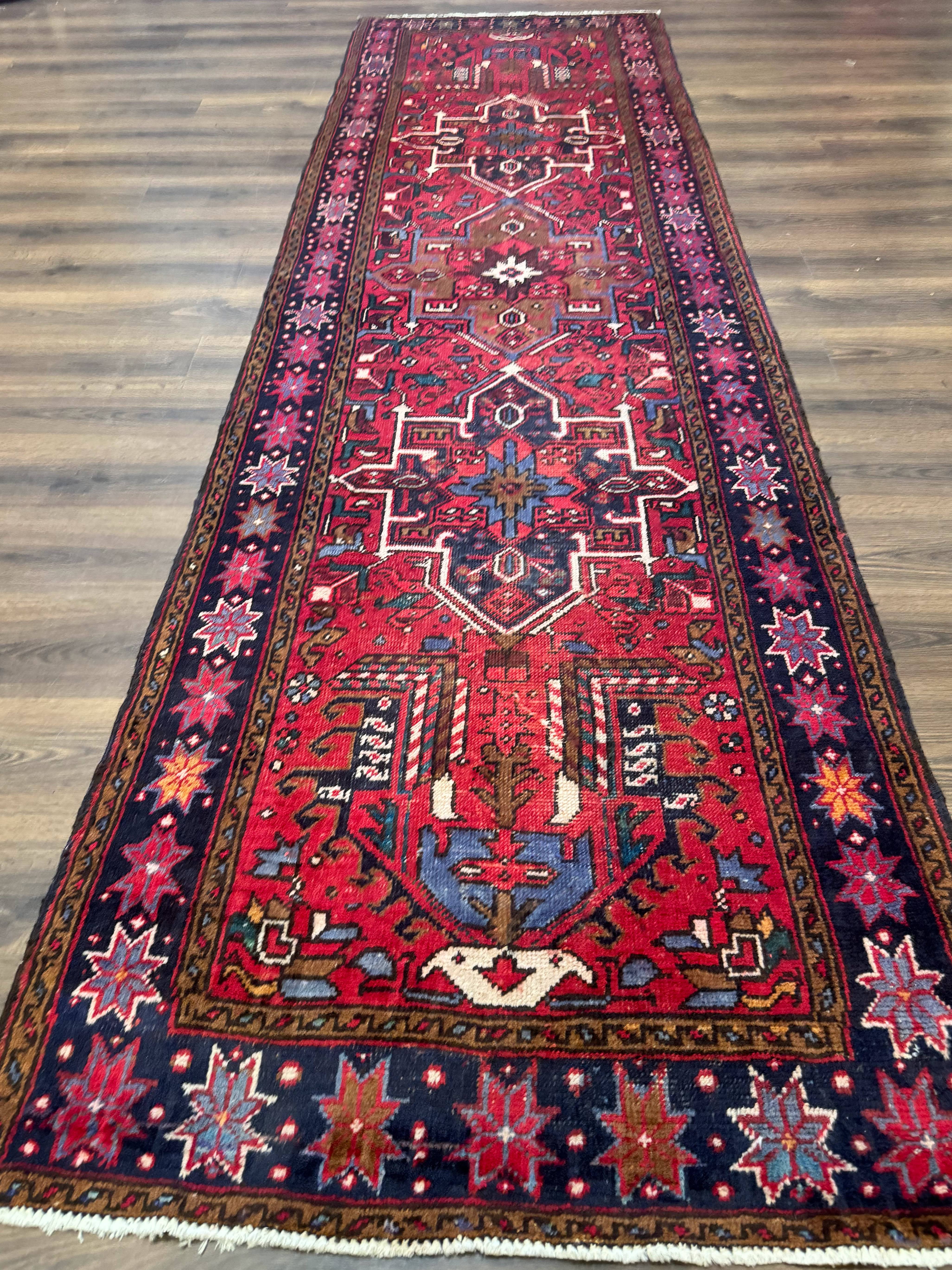 Persian Heriz Karajeh Runner Rug 3.7 x 12, Geometric Medallions, Red and Navy Blue - Jewel Rugs