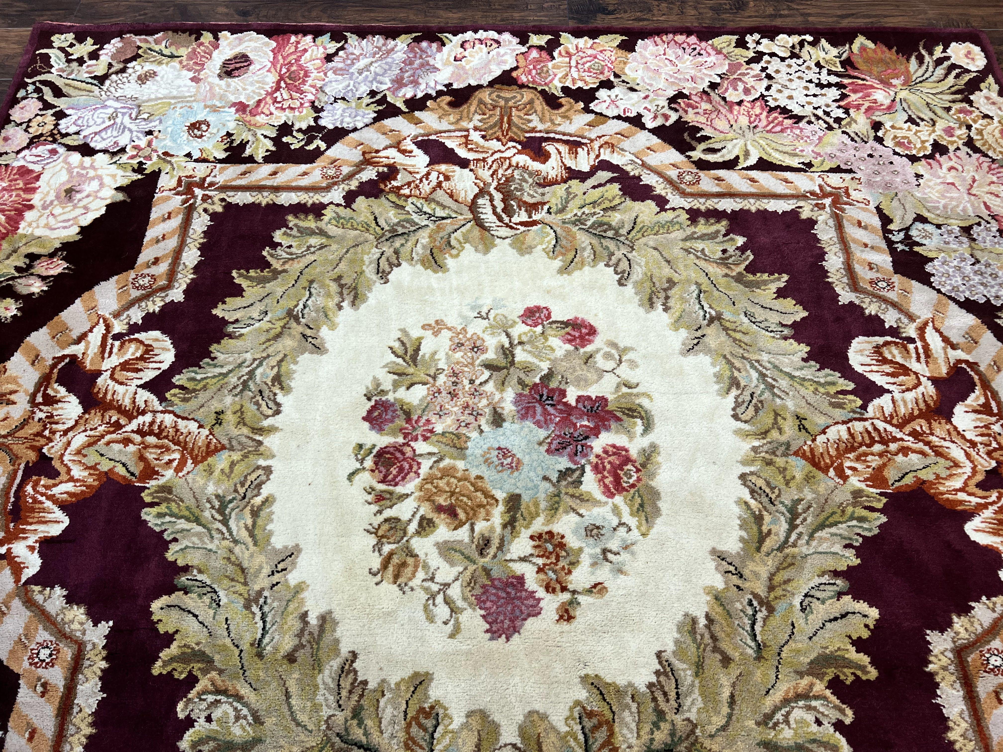 Square Aubusson Rug 8x8, French European Design, Handmade Aubusson Carpet with Pile, Vintage Area Rug, Maroon, Savonnerie Rug, 8 ft Square - Jewel Rugs