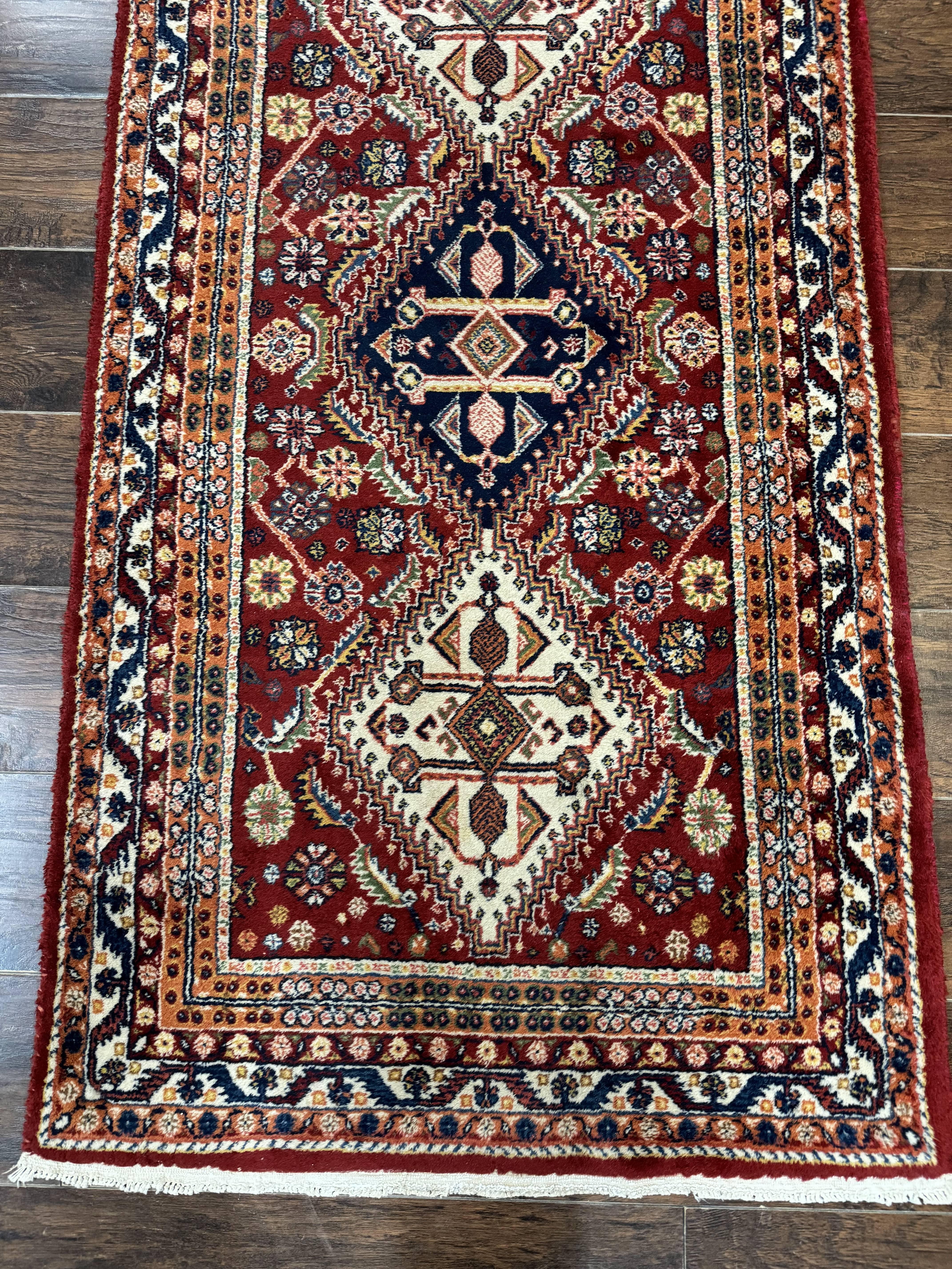 Antique Persian Qashqai Runner Rug 3 x 13 ft, Tribal Runner, Geometric Medallions, Red Ivory Blue, Wool - Jewel Rugs