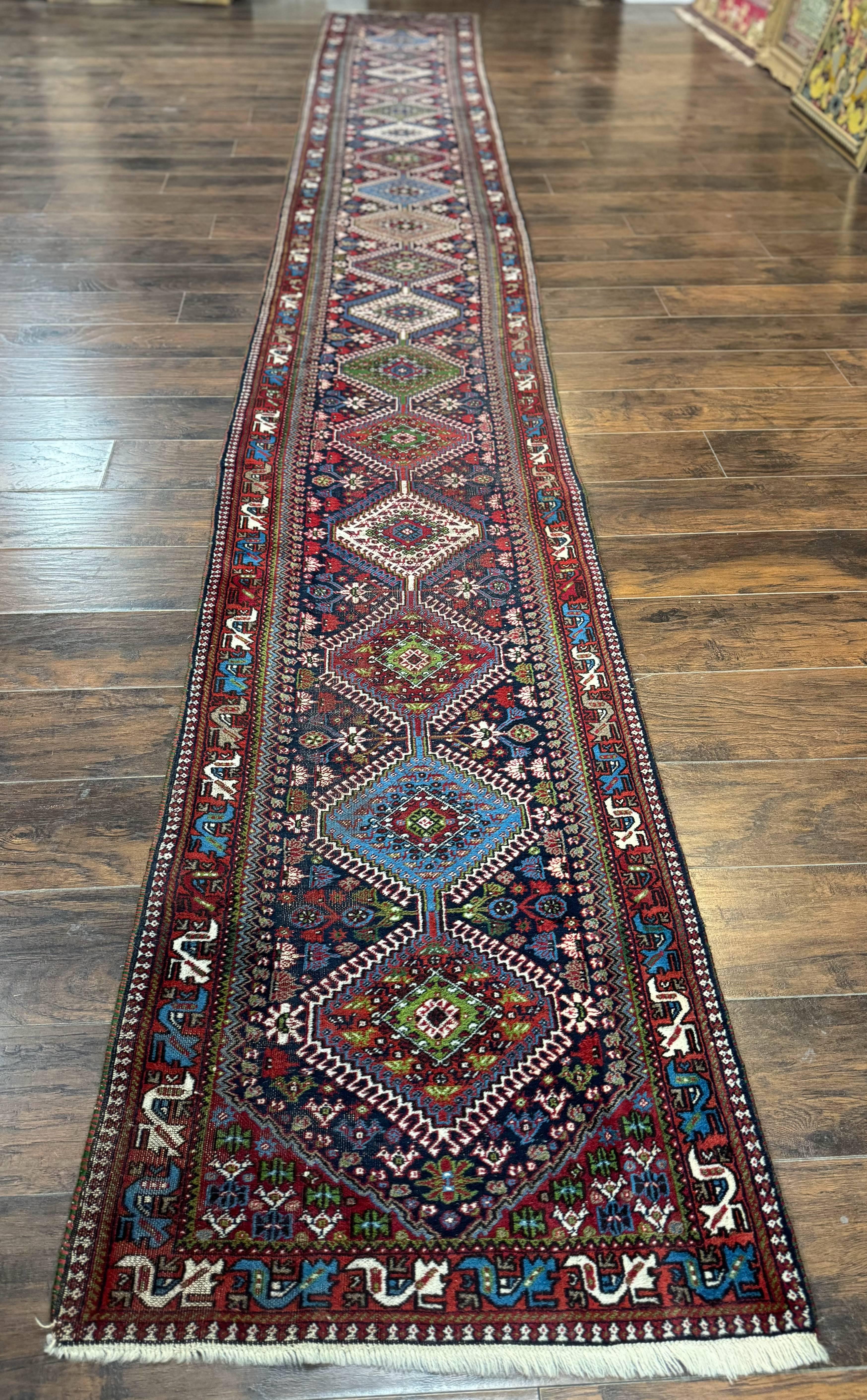 Persian Tribal Runner Rug 2.6 x 20 ft, Antique Persian Shiraz Carpet for Hallway, Colorful Navy Blue - Jewel Rugs