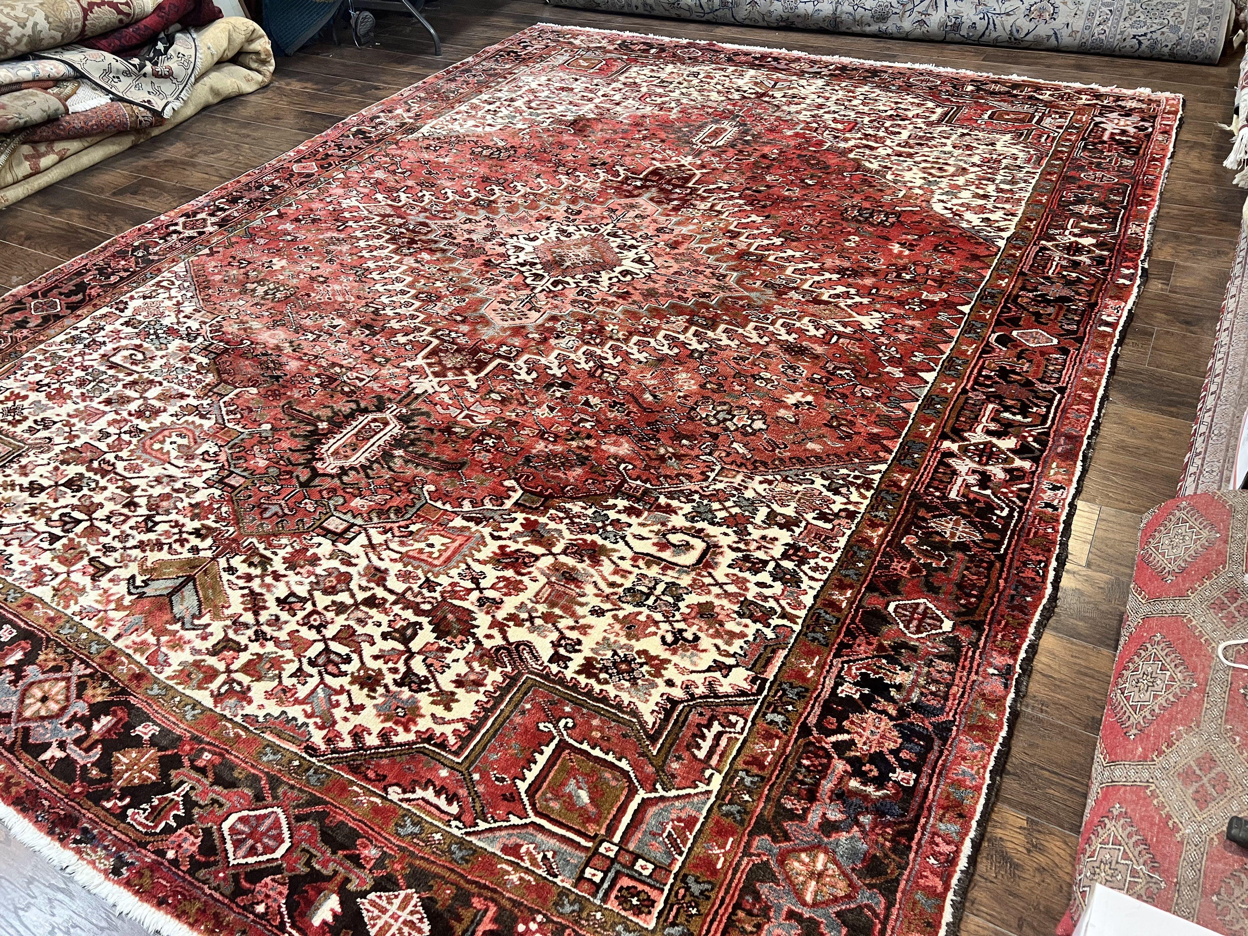 Large Persian Heriz Rug 10x13, Red and Cream Geometric Tribal Room Sized Handmade Wool Hand Knotted Semi Antique Decorative Oriental Carpet - Jewel Rugs