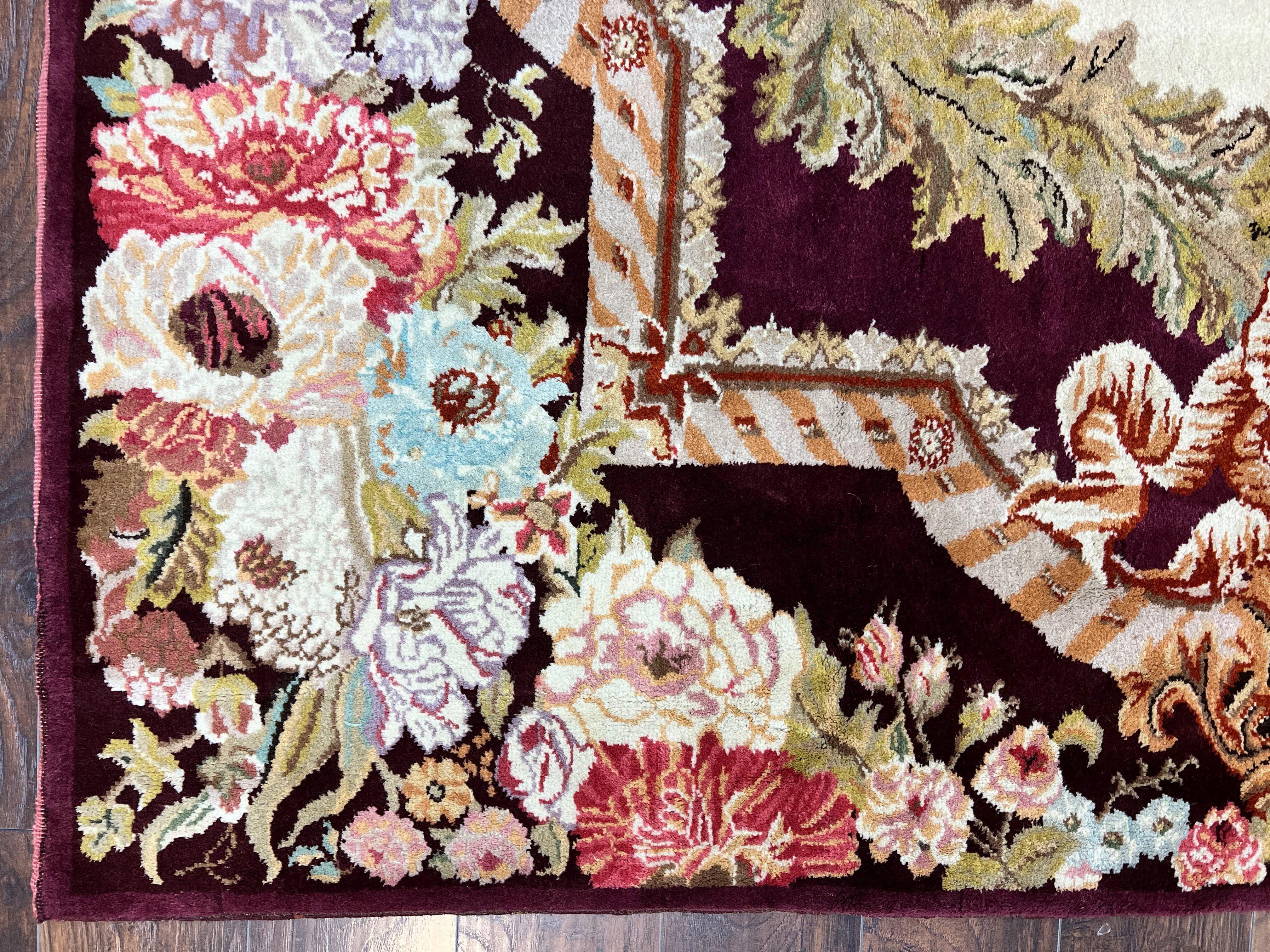 Square Aubusson Rug 8x8, French European Design, Handmade Aubusson Carpet with Pile, Vintage Area Rug, Maroon, Savonnerie Rug, 8 ft Square - Jewel Rugs