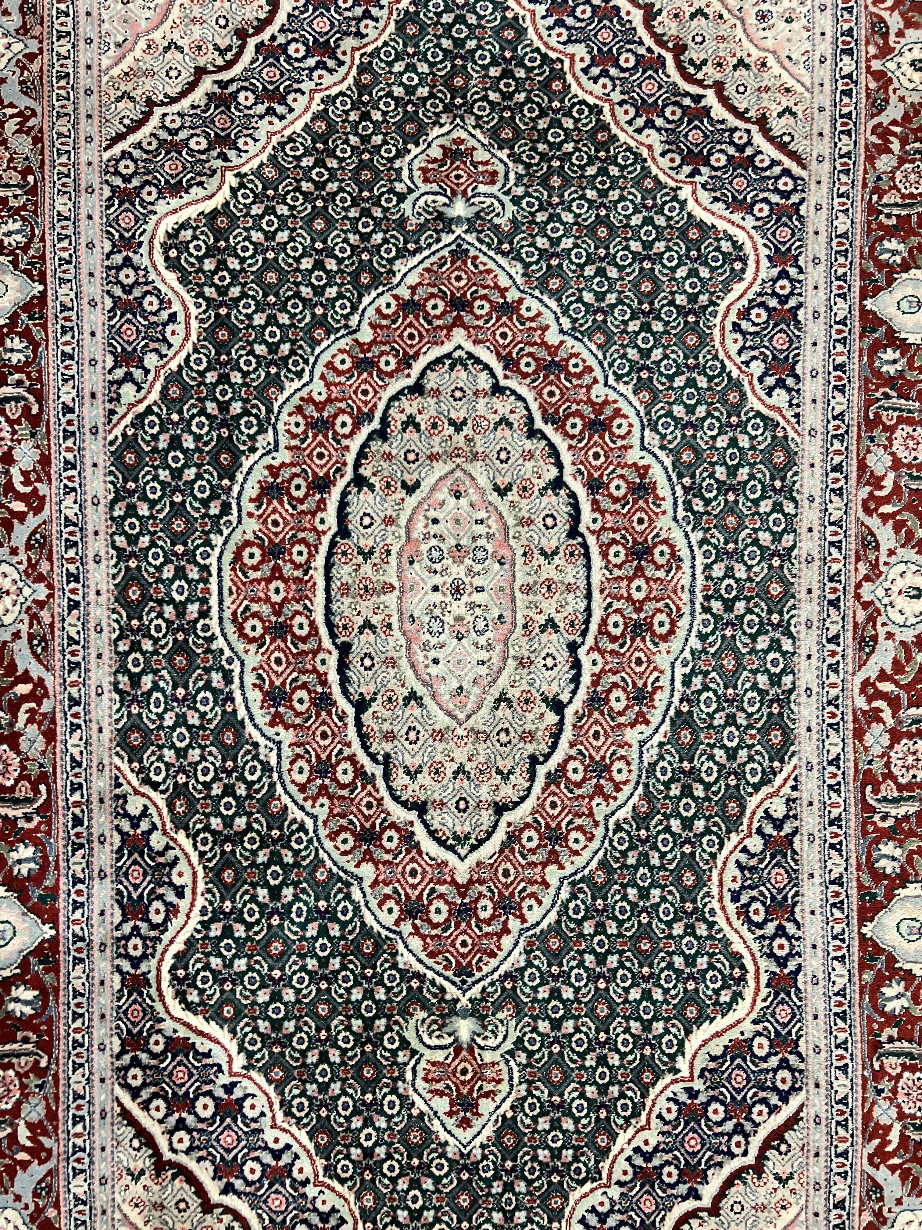 Sino Persian Rug 4x6, Wool with Silk Highlights, Fine Hand Knotted Carpet, Green & Maroon Red, Herati Medallion, Vintage Rug - Jewel Rugs