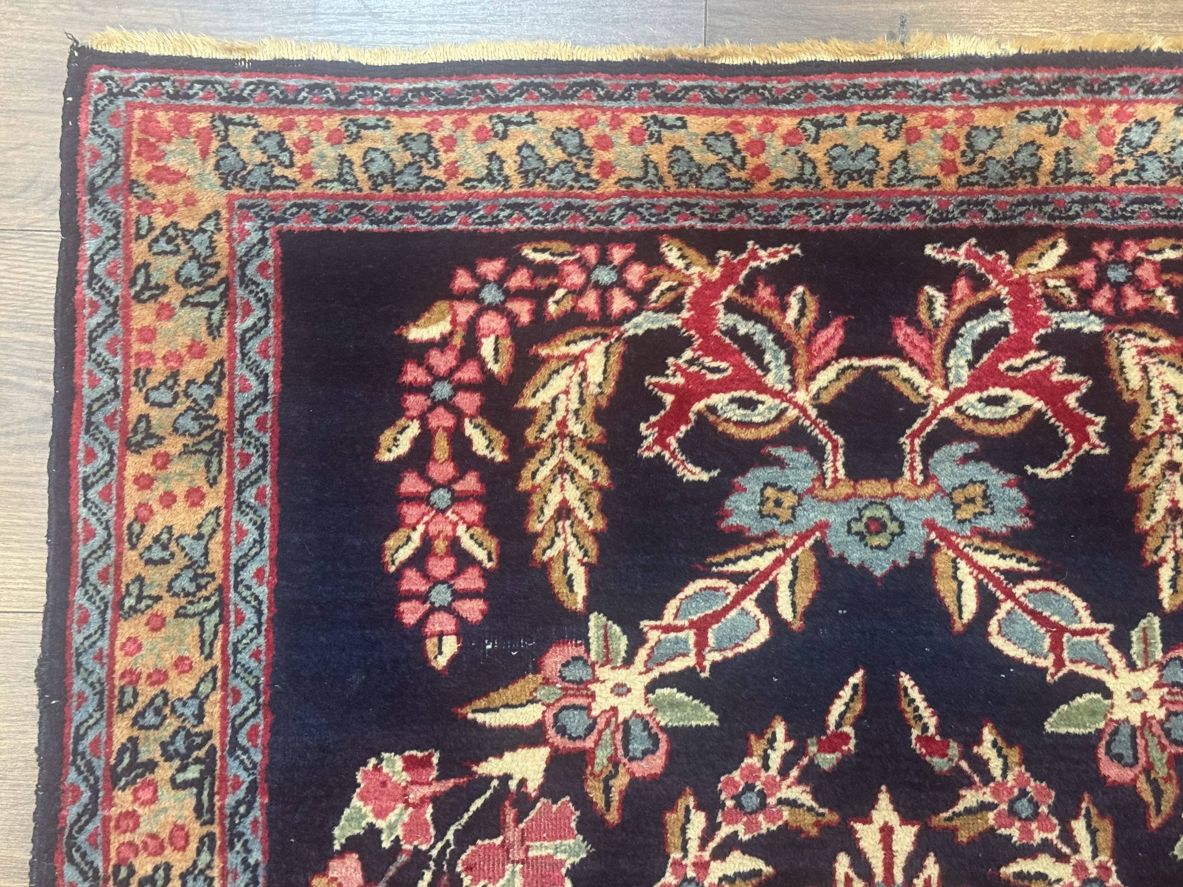 Antique Persian Kerman Rug 2.8 x 4, Navy Blue, Floral - Jewel Rugs