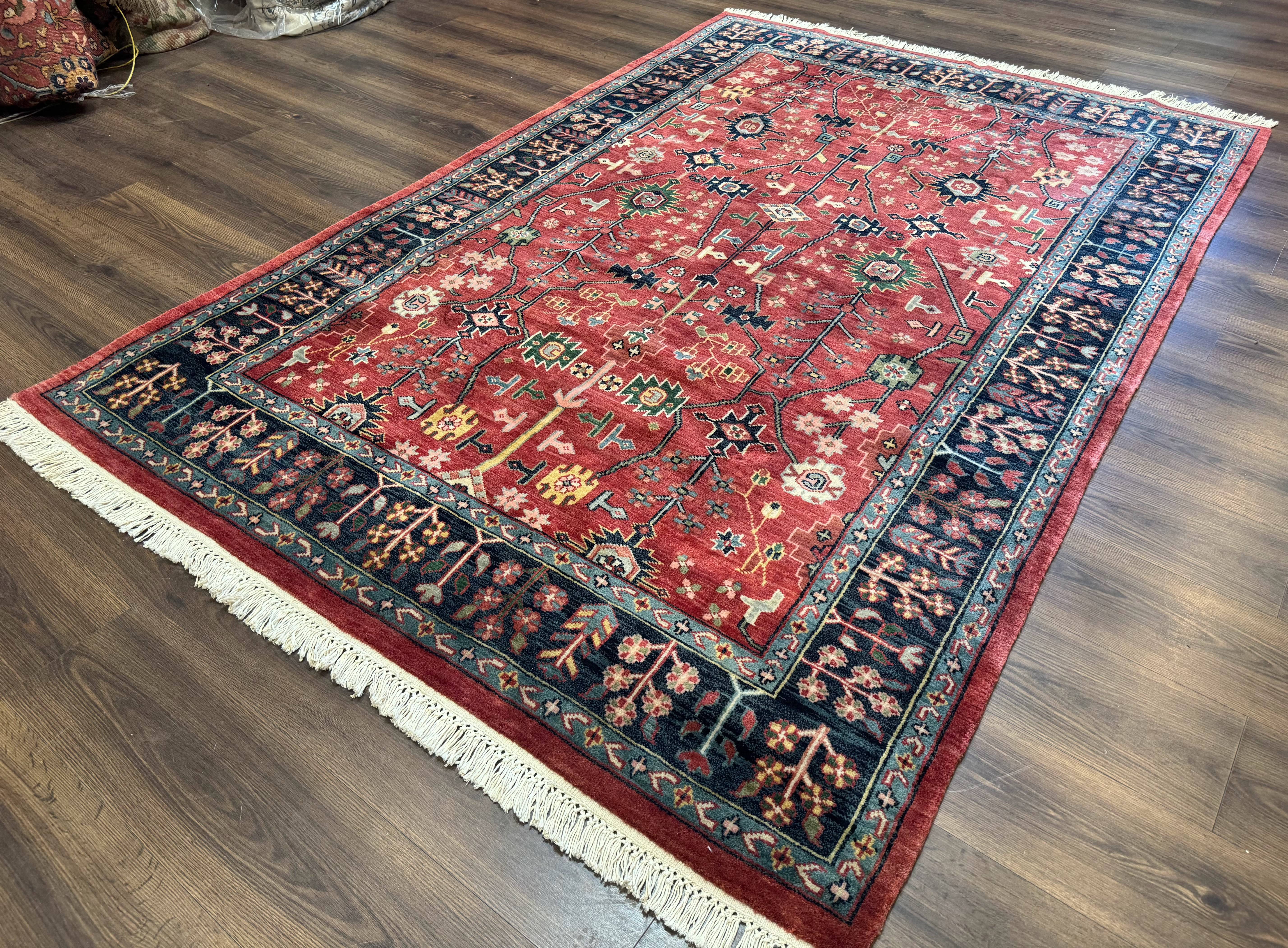 Indo Persian Heriz Serapi Rug 6x8, Rust Red and Navy Blue, Allover Pattern - Jewel Rugs